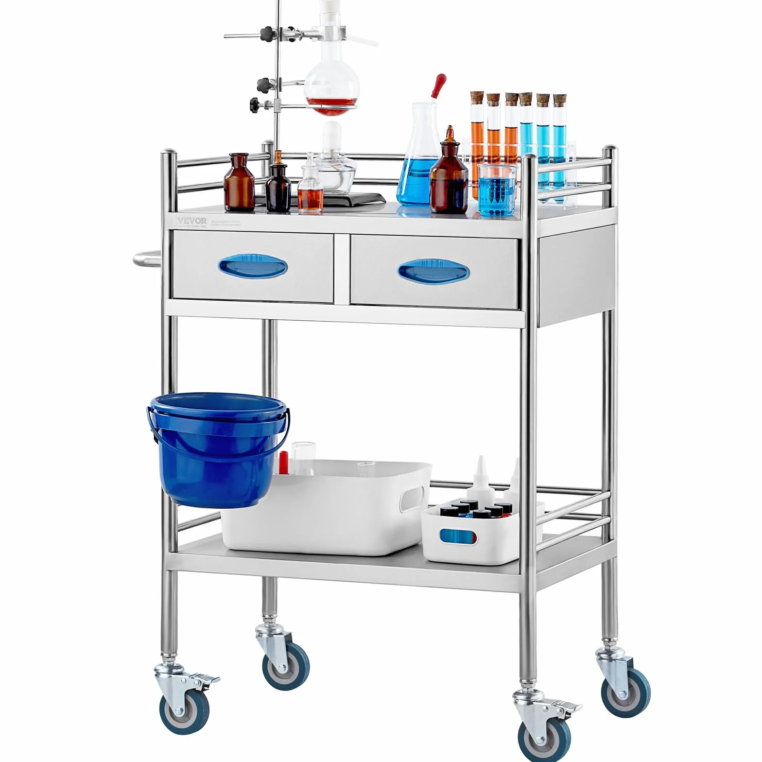 VEVOR Carrito de Médico 2 Capas 2 Cajones 59,9 x 42,9 x 85,1 cm Acero Inoxidable 4 Ruedas Omnidireccional
