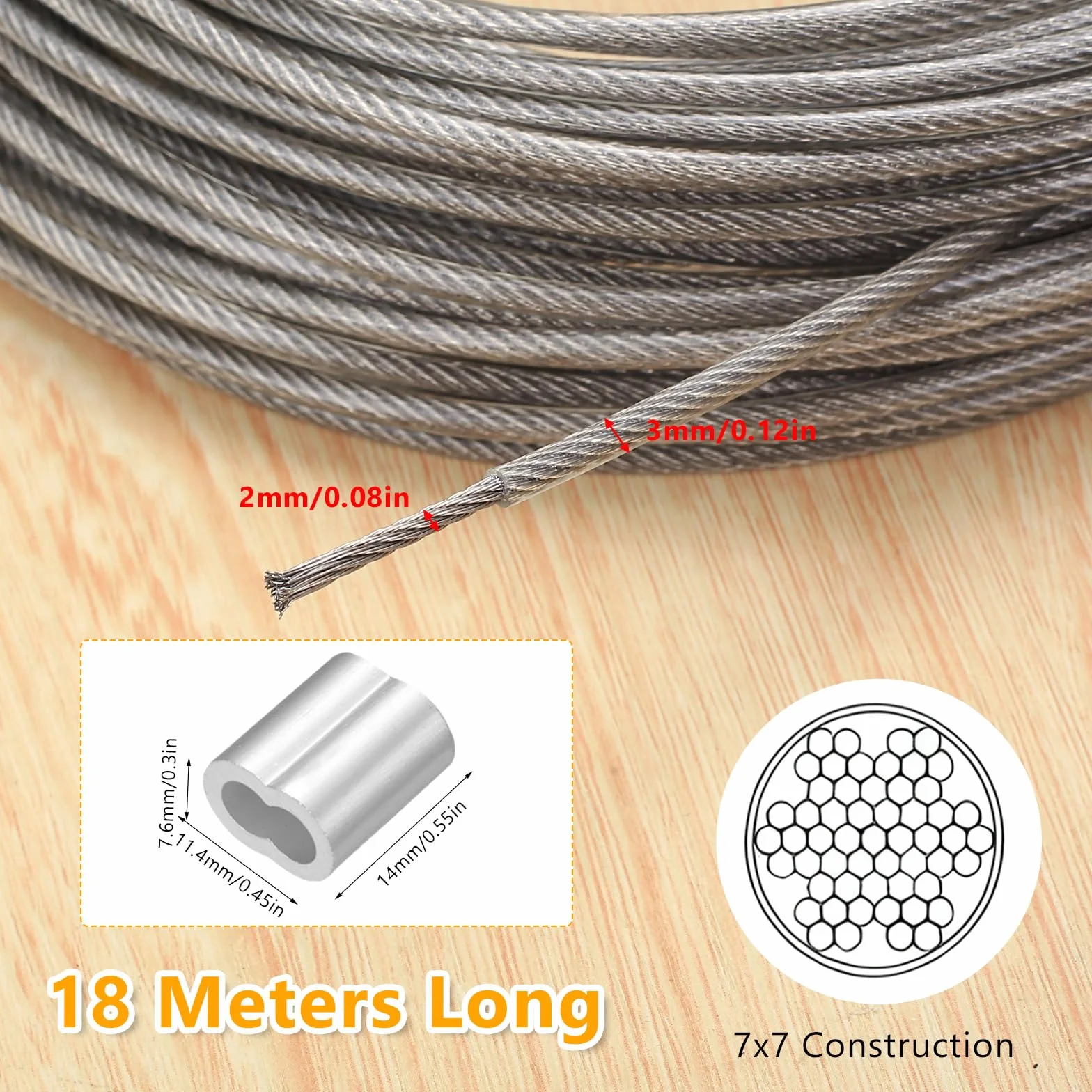 Set Cable Acero Inoxidable 7x7 20m x 3mm Cubierto PVC, Kit con 12 Arandelas Aluminio Doble Ojal 3mm