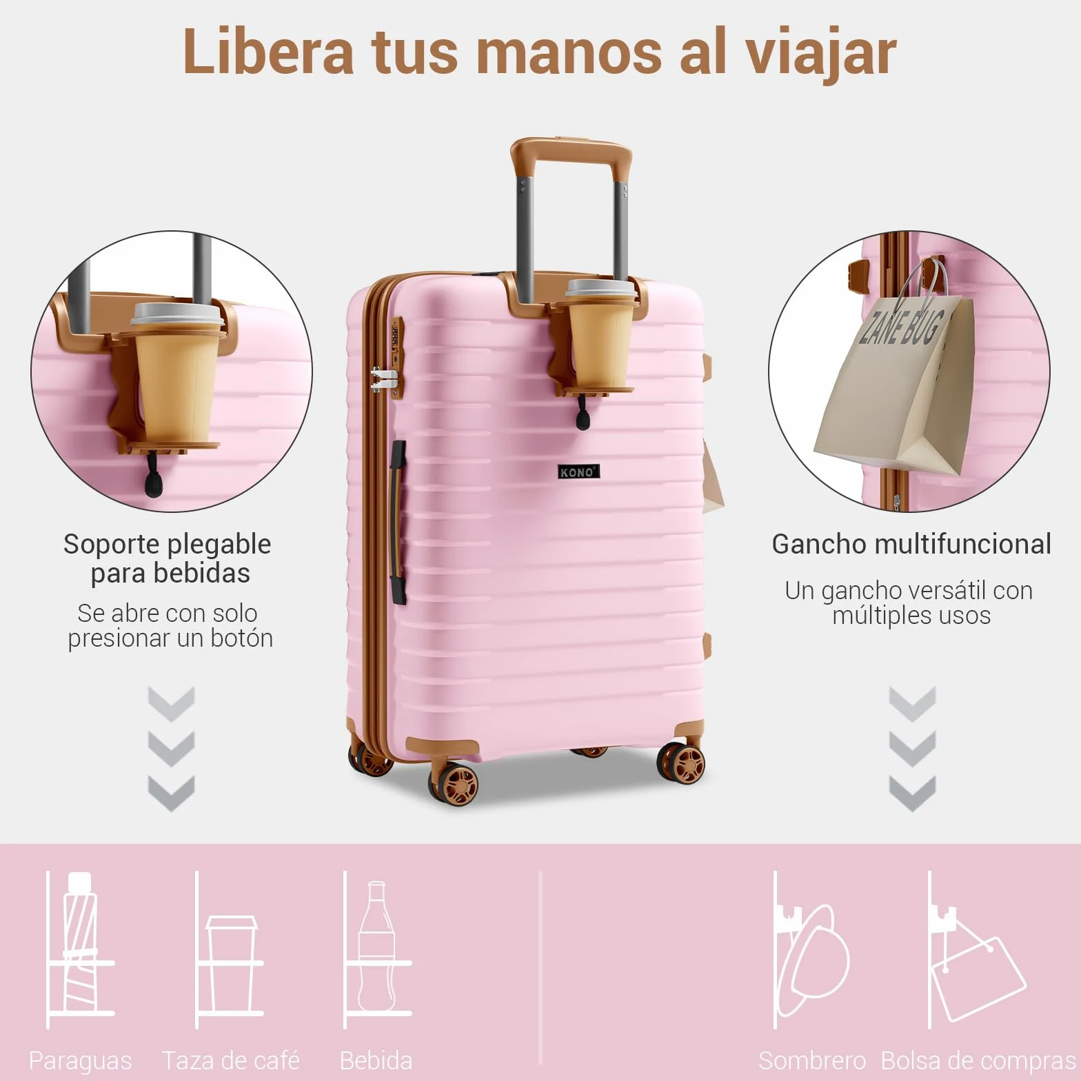 Kono Maletas de Viaje Grandes 23 Kilos, Maleta Grande de PP Extensible | Cremallera Antirrotura de Doble Capa, Portavasos + Gancho para Equipaje | TSA 007, Ruedas Silenciosas 360° (Rosa)