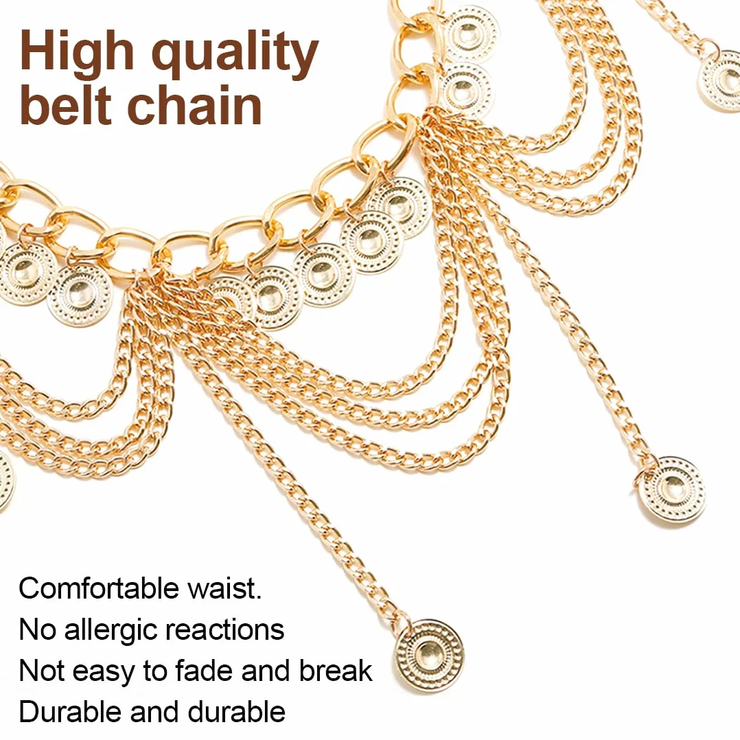 Cadenas de cuerpo,Cinturones para mujer,Accesorio de cadena para cintura para danza del vientre con colgante de borla, longitud de cadena 70 cm + cadena alargadora 30 cm (oro)