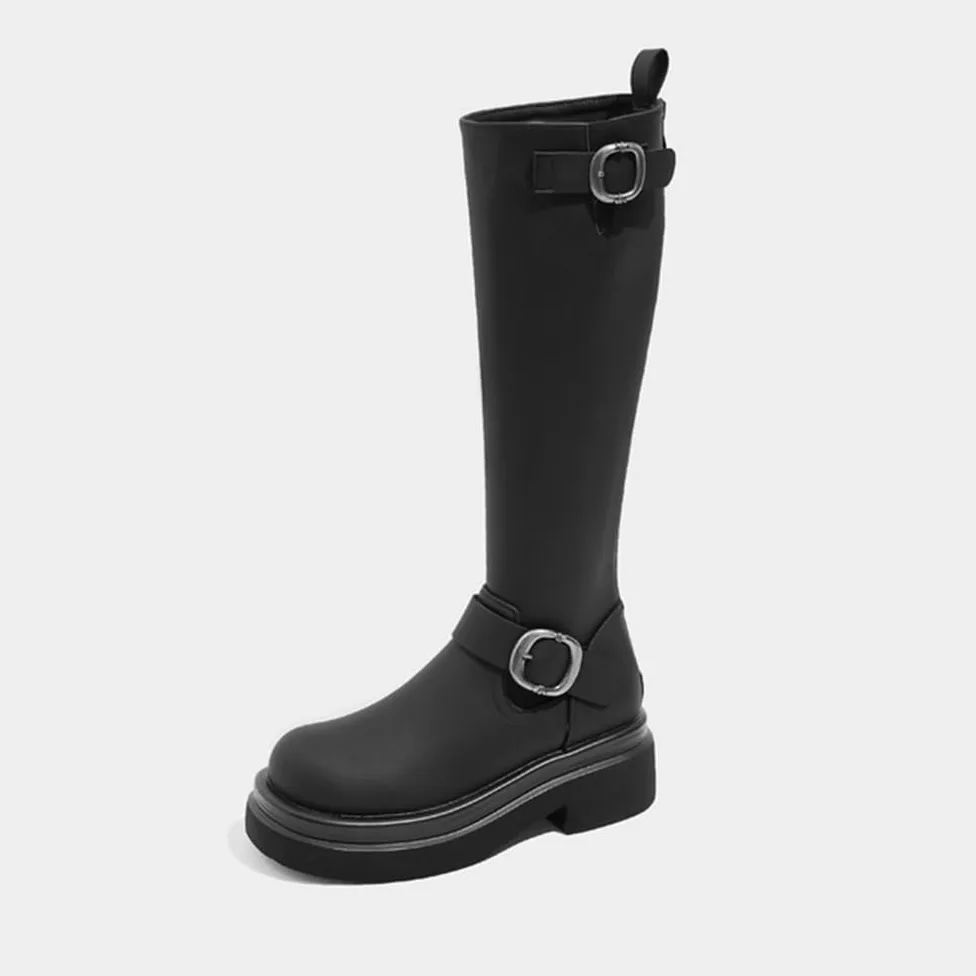 Botas De Montar Mujer Tacón Grueso Punta Redonda A Media Pantorrilla para Otoño Invierno Exterior Y Uso Diario Cuero PU Transpirable Forro Cálido