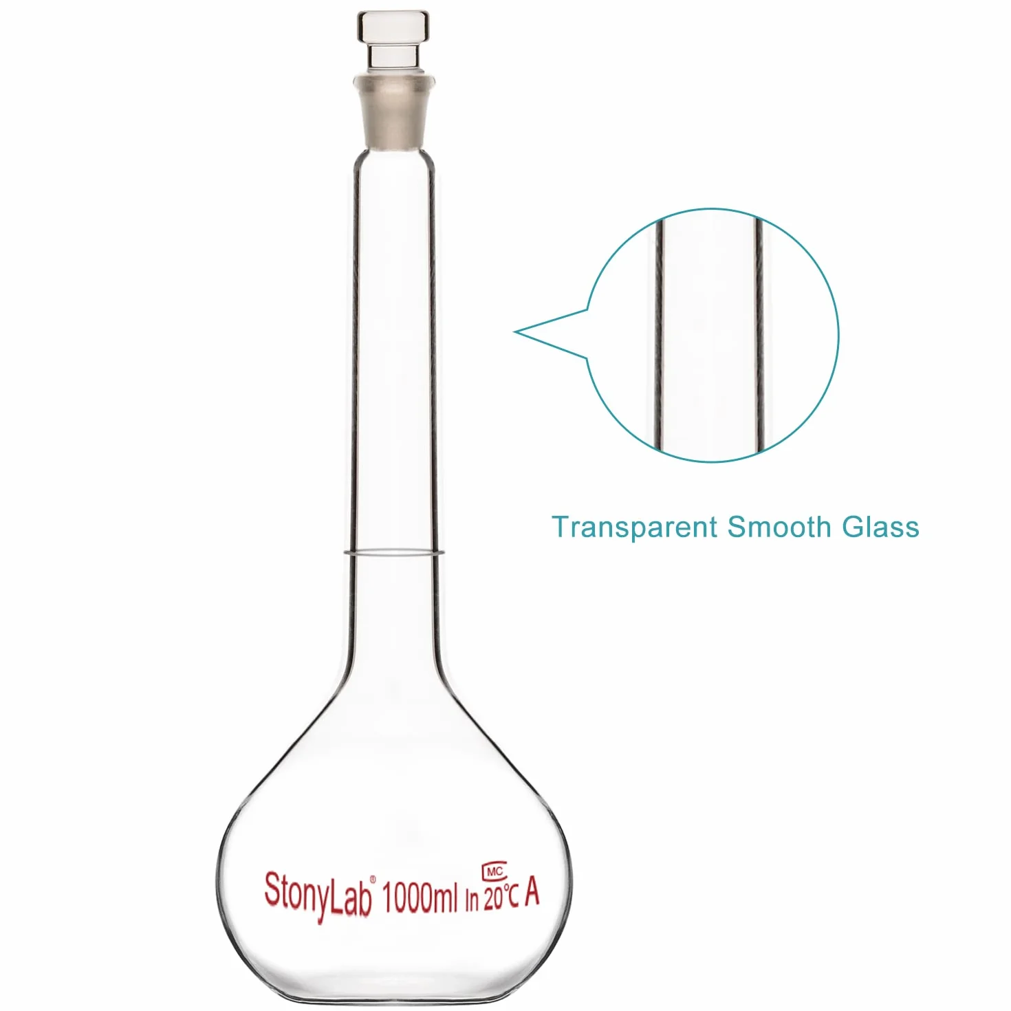 Matraz Aforado Clase A 1000 ml, Vidrio Borosilicato, Tapón de Vidrio, Frascos Volumétricos de Laboratorio
