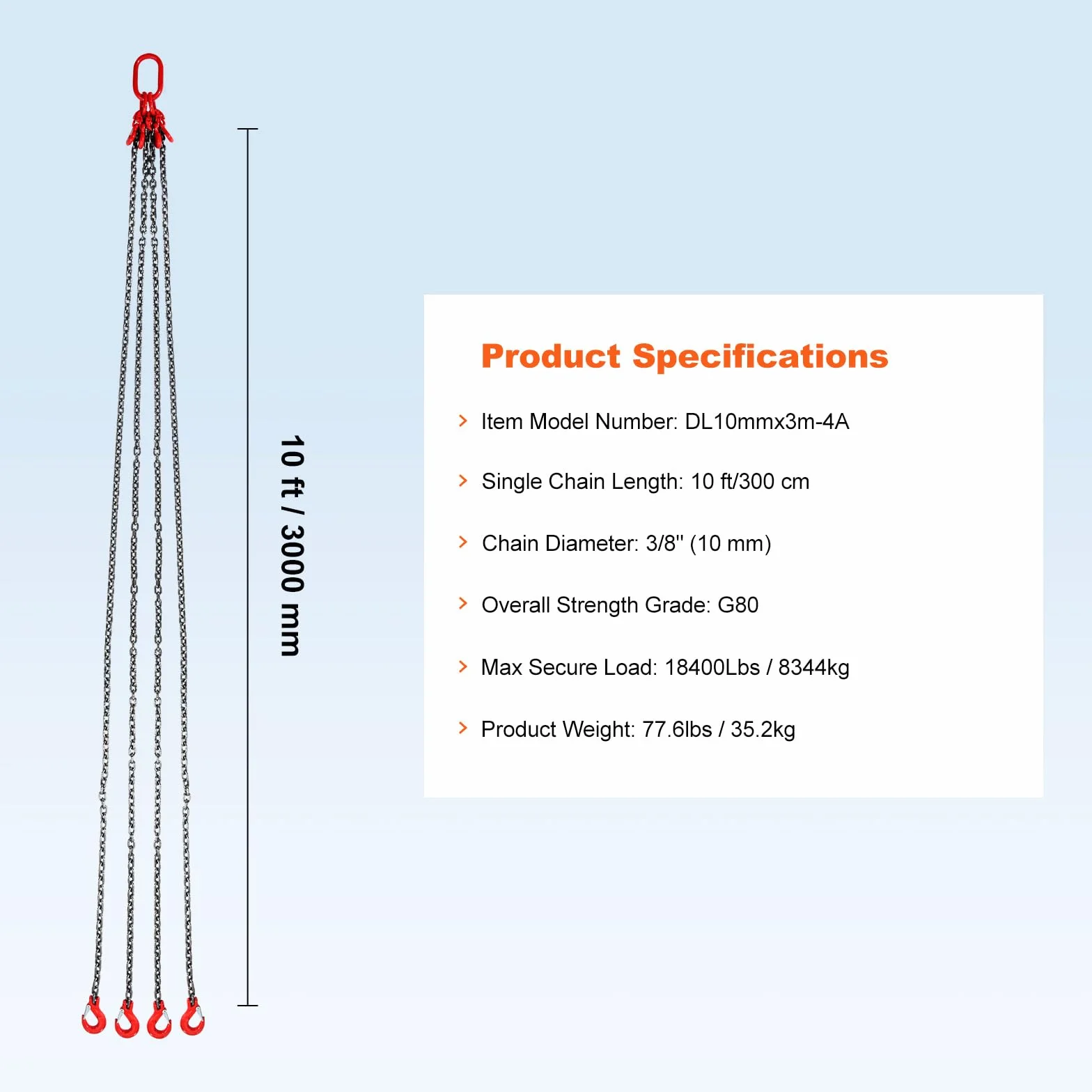 VEVOR Eslinga de Cadena de Elevación 4 Cadenas G80 10mm x 300cm 8344 kg