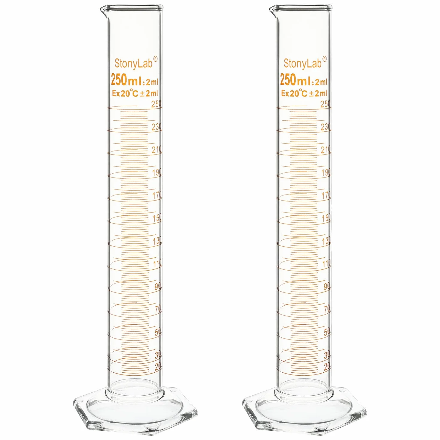 Cilindro Graduado de Vidrio de Borosilicato 250 ml, Paquete de 2 con Base Hexagonal