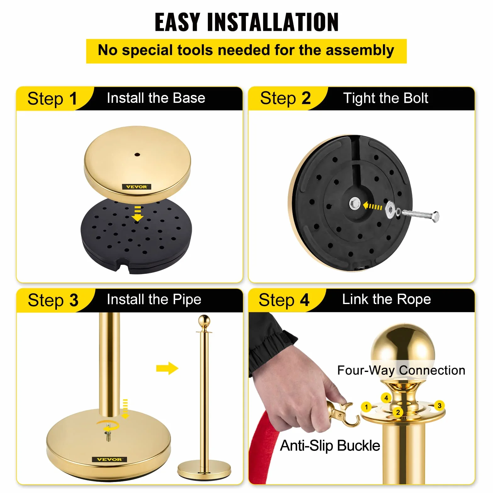 VEVOR Poste Separador de Cinta Extensible 4 Juegos Barreras de Seguridad 3 Cuerdas 1.5m Dorado