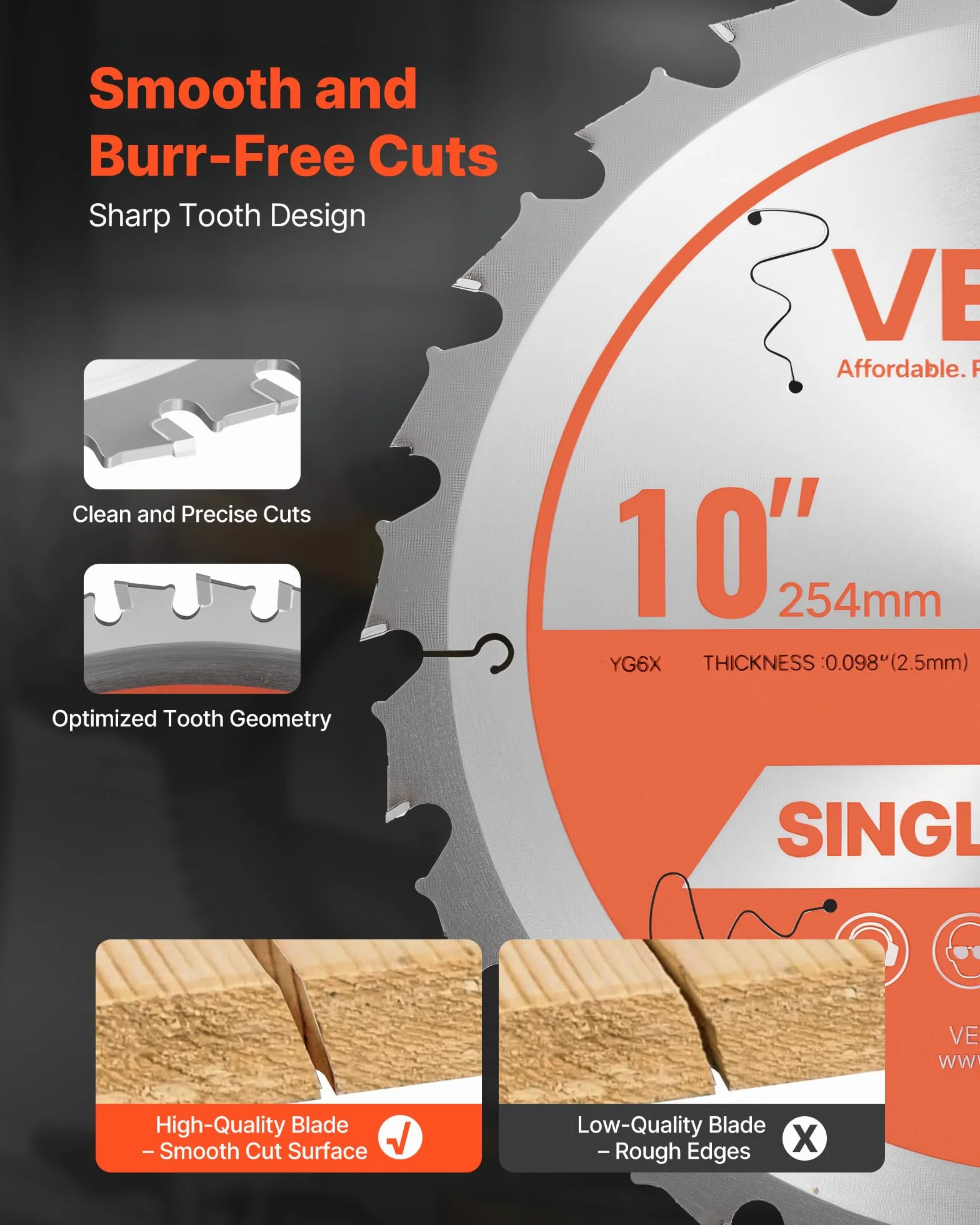 VEVOR Hoja de Sierra Circular 254 mm 24 Dientes Aleación 15,875 mm Mandril