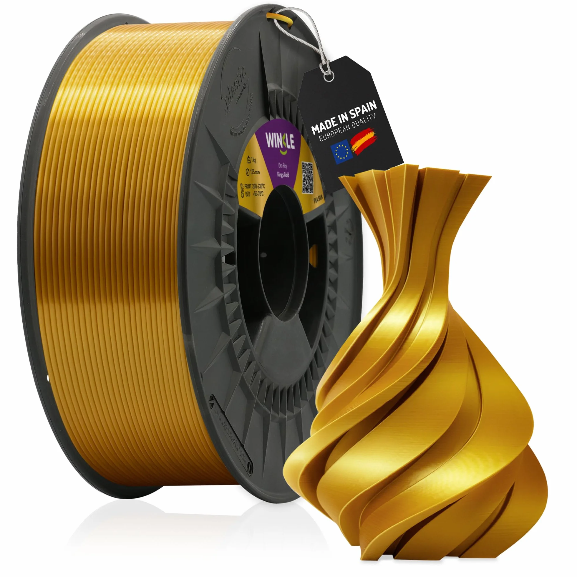 WINKLE Filamento PLA Silk Oro Rey 1,75mm 300g Bobina Impresora 3D