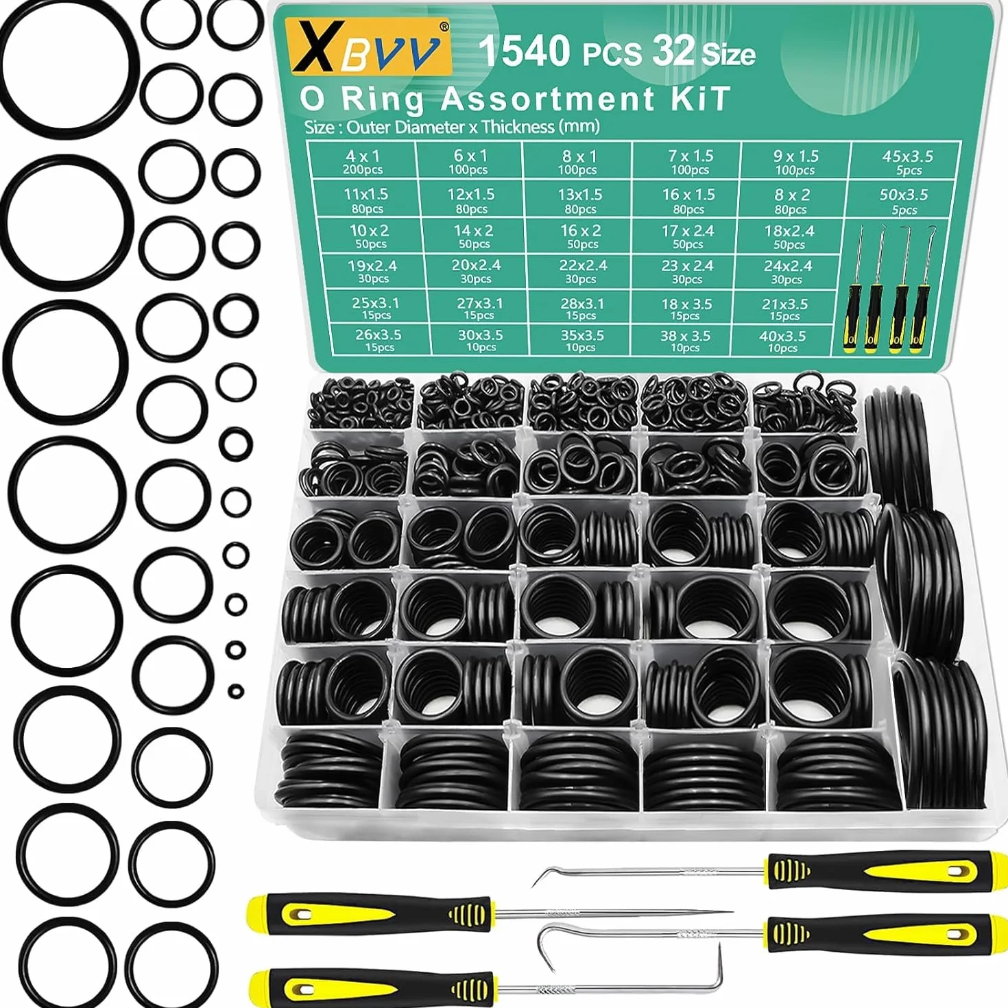 O-Rings Kit 1540 Pcs 32 Size Nitrile Rubber O-Ring Assortment with 4 Hook Set for Car Auto Vehicle Repair