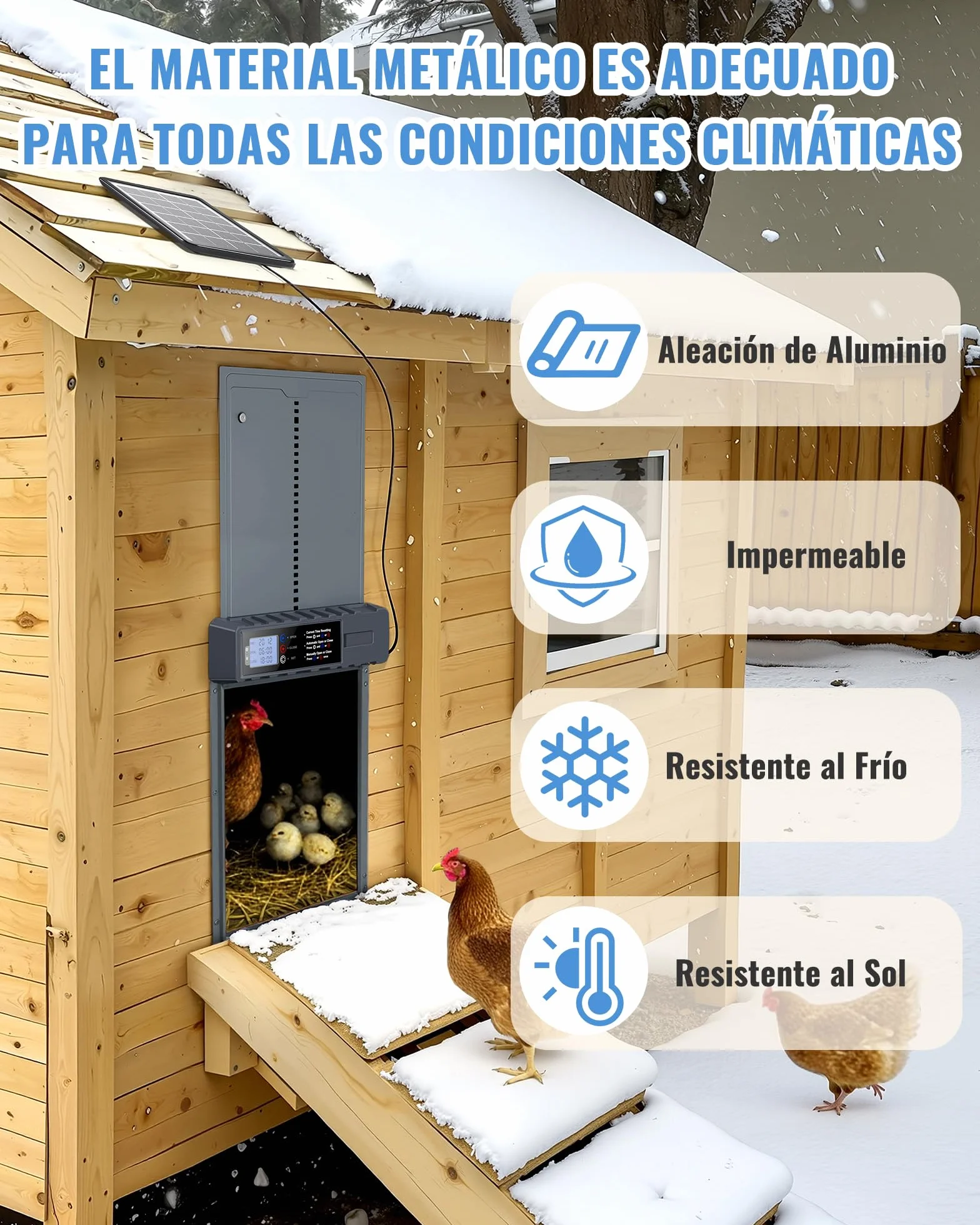 Puerta Gallinero Automatica XL Panel Solar 3W Aluminio Gris Antipinzamiento