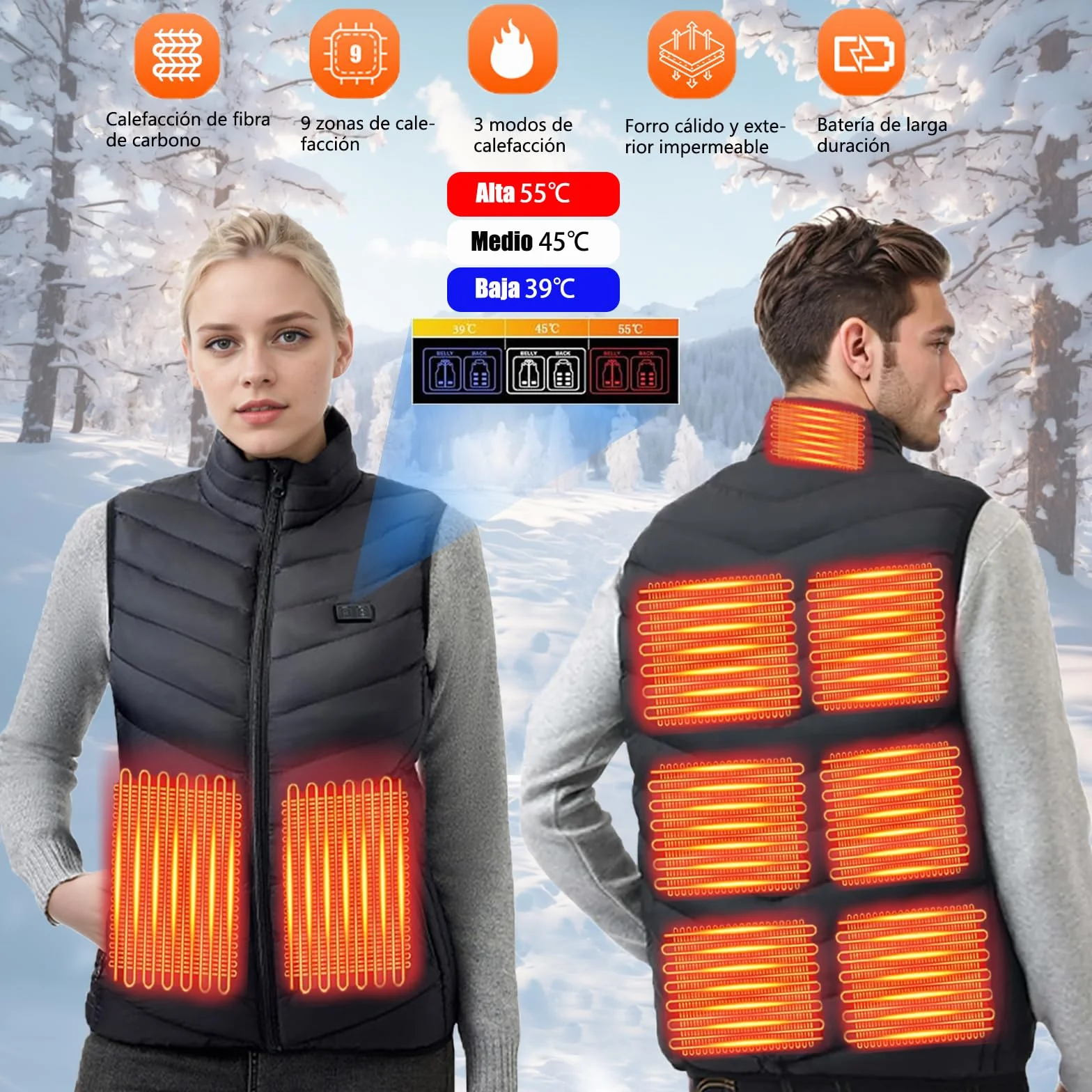 Ahigh Chaleco Calefactable hombre mujer, Chaleco Termico con Bateria, Chalecos Calefactables 9 Zonas de Calentamiento y 3 temperaturas ajustables, Chaleco calefactable para actividades al aire