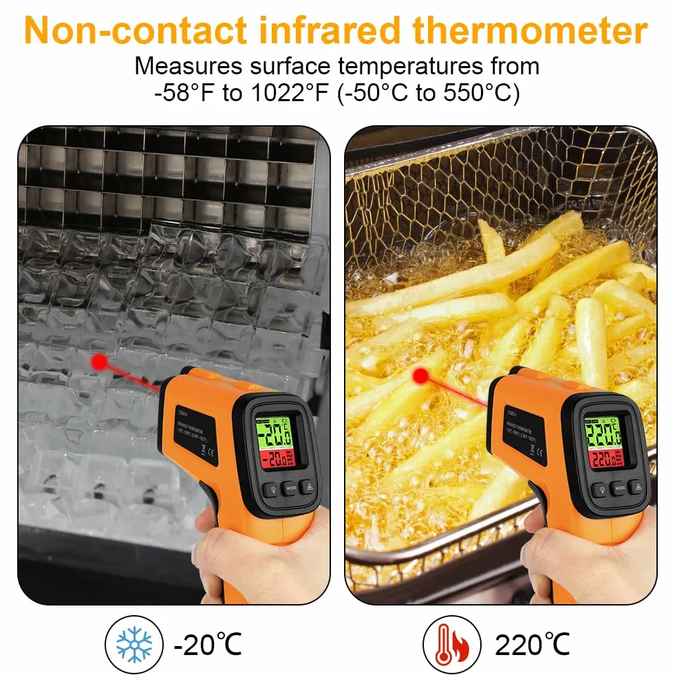 Termómetro Infrarrojo -50°C ~ 550°C Láser sin Contacto Emisividad Ajustable Pantalla LCD