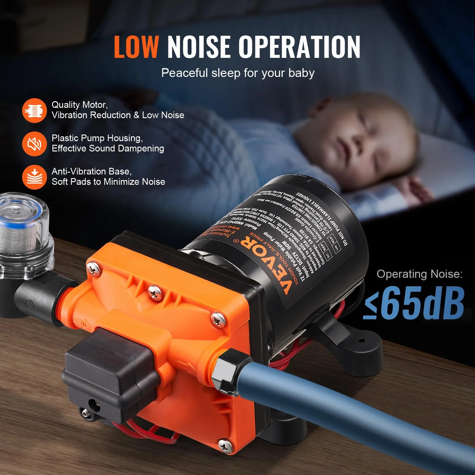 VEVOR Bomba de Diafragma 12 V 11,36 L/min 4 Cámaras 40-100 PSI 55 PSI Puerto MNPT 12,7mm
