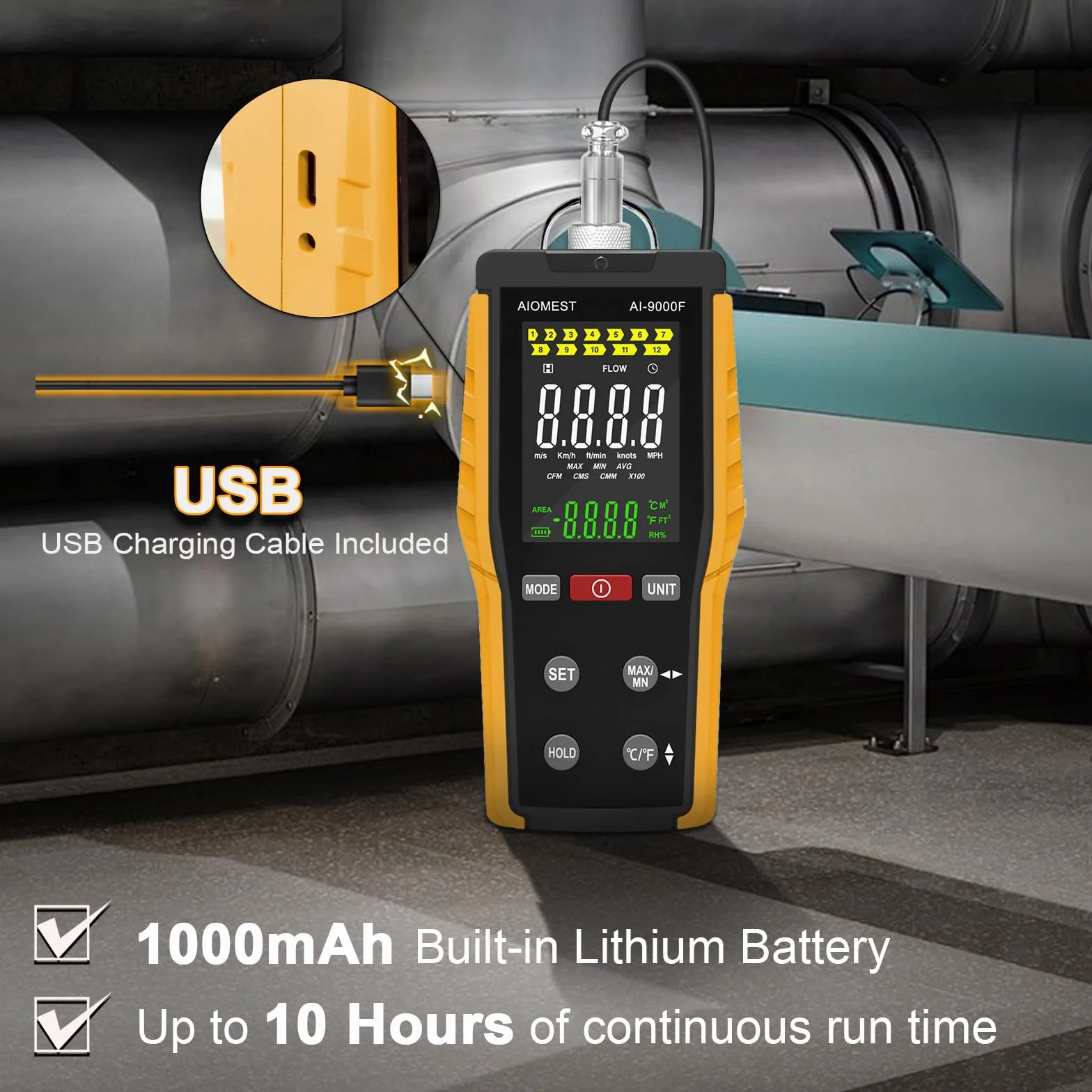 Anemómetro Térmico de Hilo Caliente AIOMEST AI-9000F HVAC Medidor de Viento Velocidad y Temperatura
