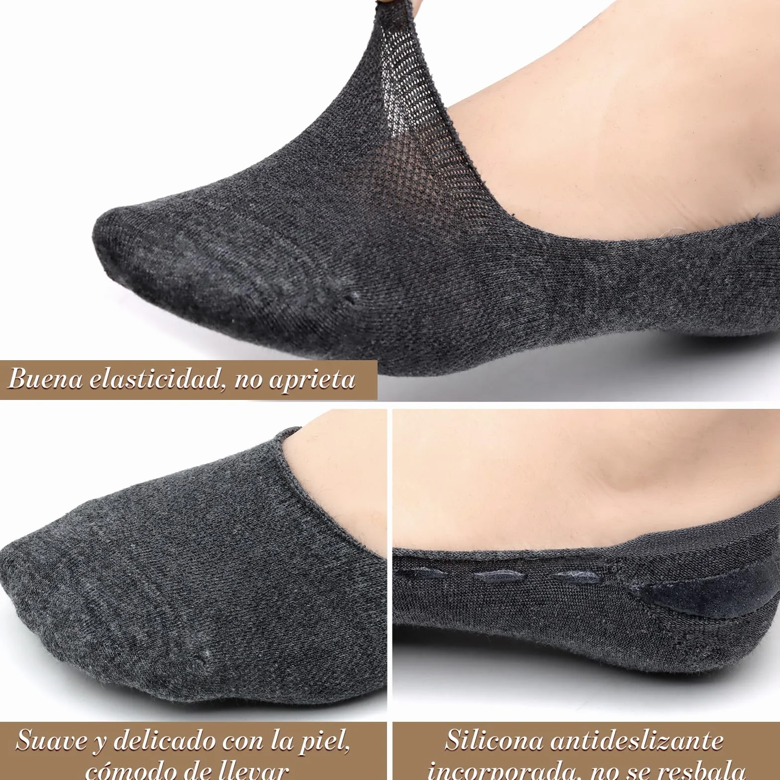10 Pares Calcetines Invisibles Hombre y Mujer EU 39-45, Calcetines Transpirables Pinkies en Algodón Calcetines Cortos con Antideslizantes Silicona para Verano
