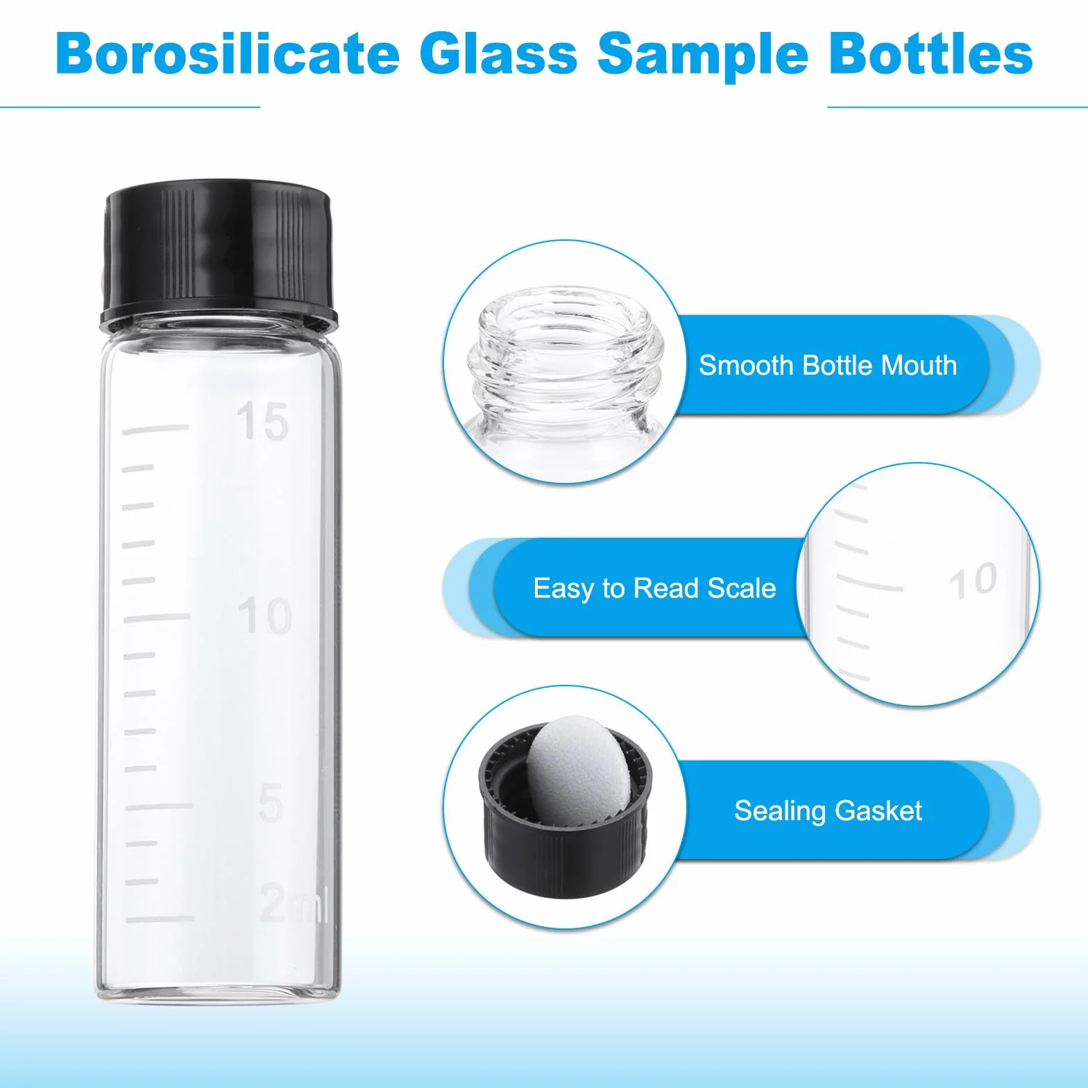 PATIKIL 10 Piezas de 15 ml Viales de Vidrio Transparente con Tapa de Rosca Negra, Botellas de Muestra Graduadas de Vidrio Borosilicato
