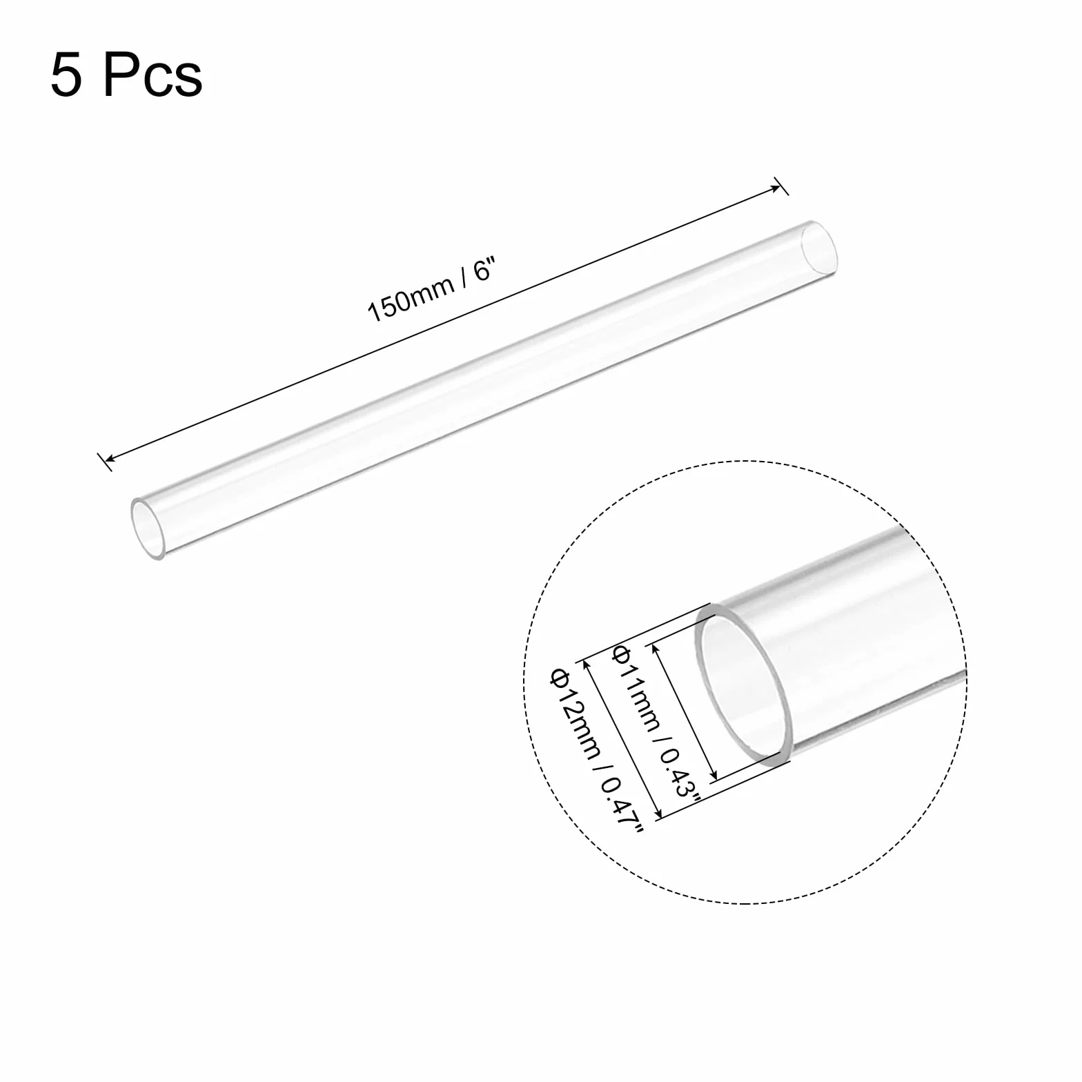 Tubo de Plástico Policarbonato Rígido Transparente 0,43" ID 0,47" OD 6" Alto Impacto para Iluminación