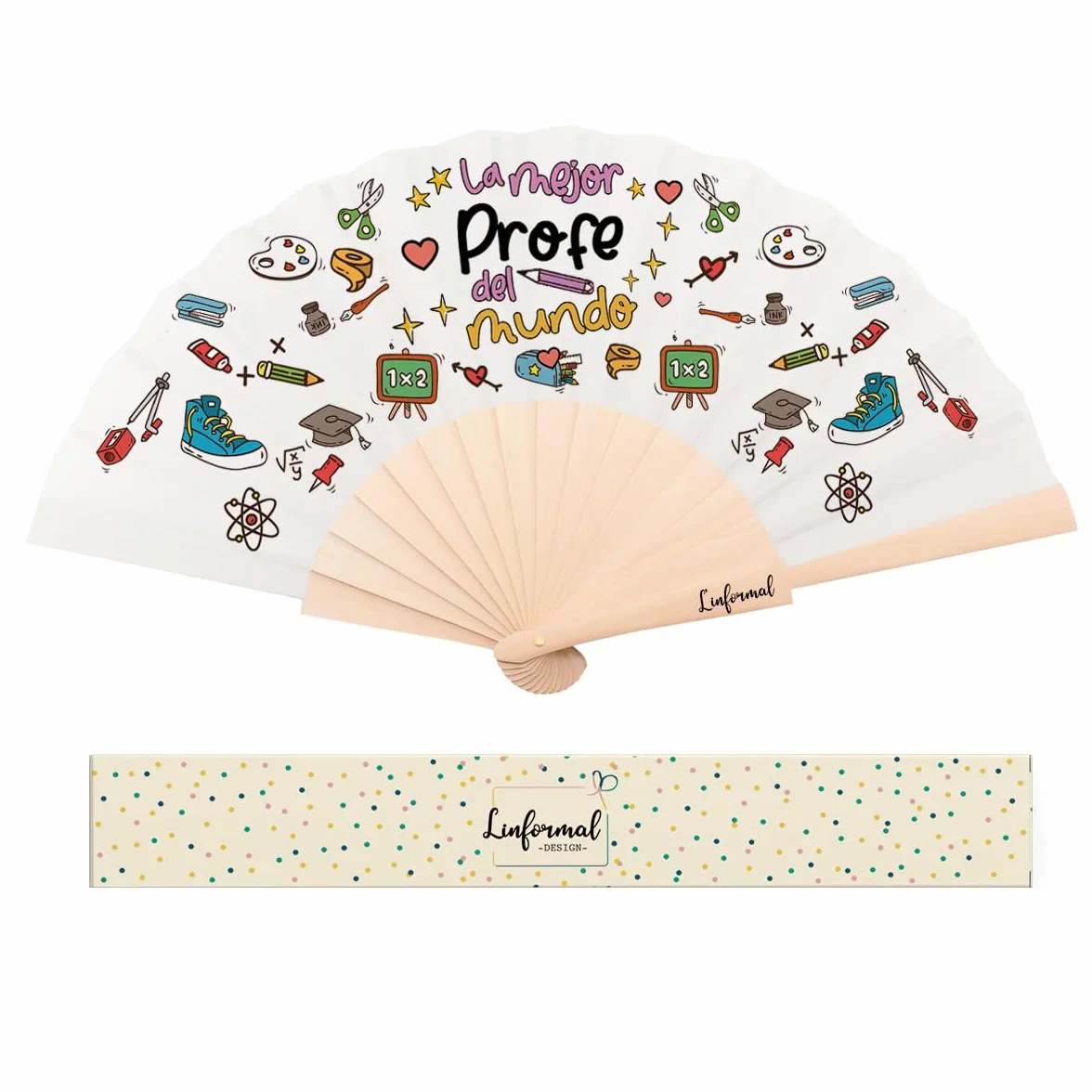 LINFORMAL - Abanicos Originales para Profesora - Hecho en España con Madera y Tela - Regalo Final de Curso - Diseño Elegante y Personalizado en Castellano o Catalán