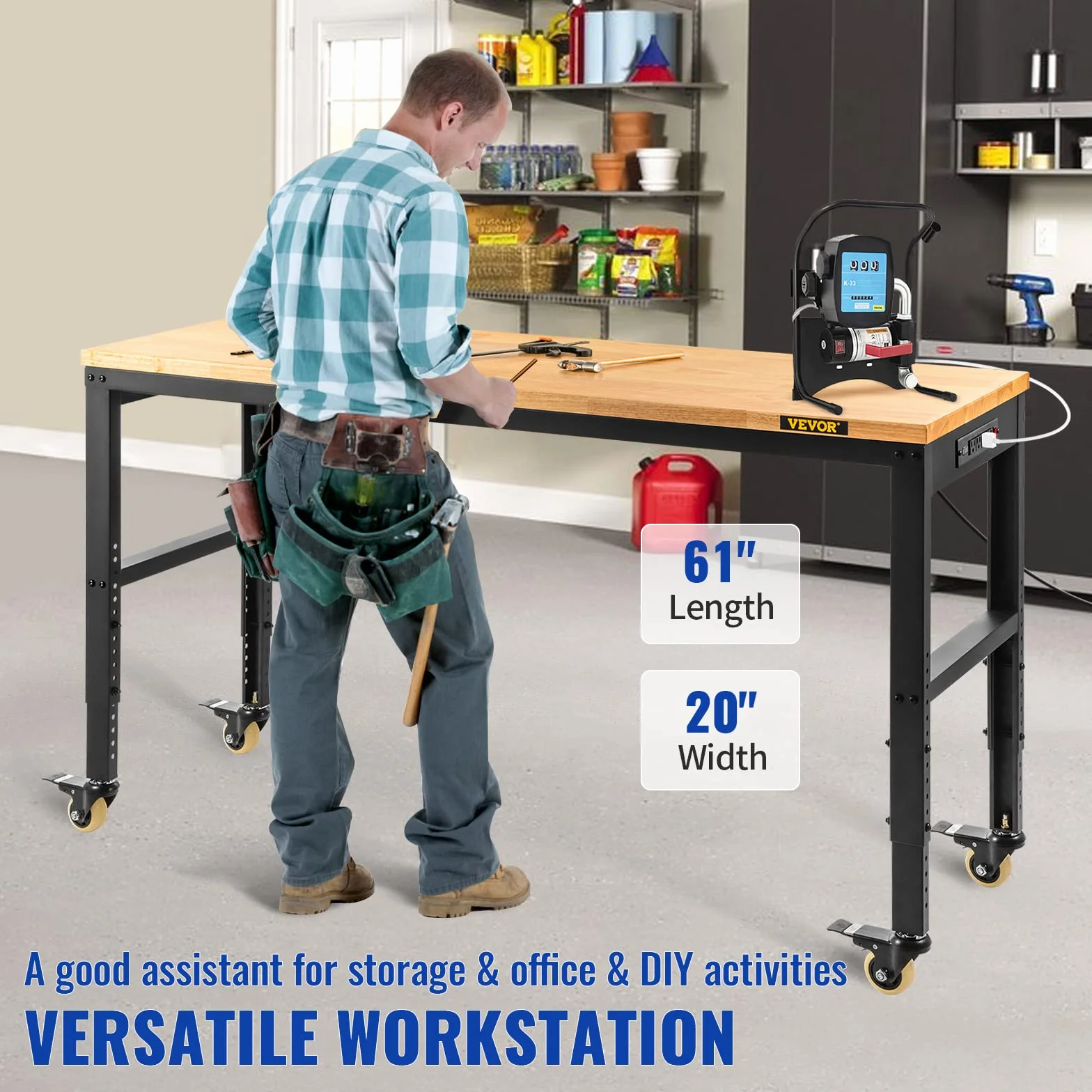 VEVOR Banco de Trabajo Altura Ajustable 80-105 cm 155x51 cm Tablón de Roble Marco de Acero 720 kg