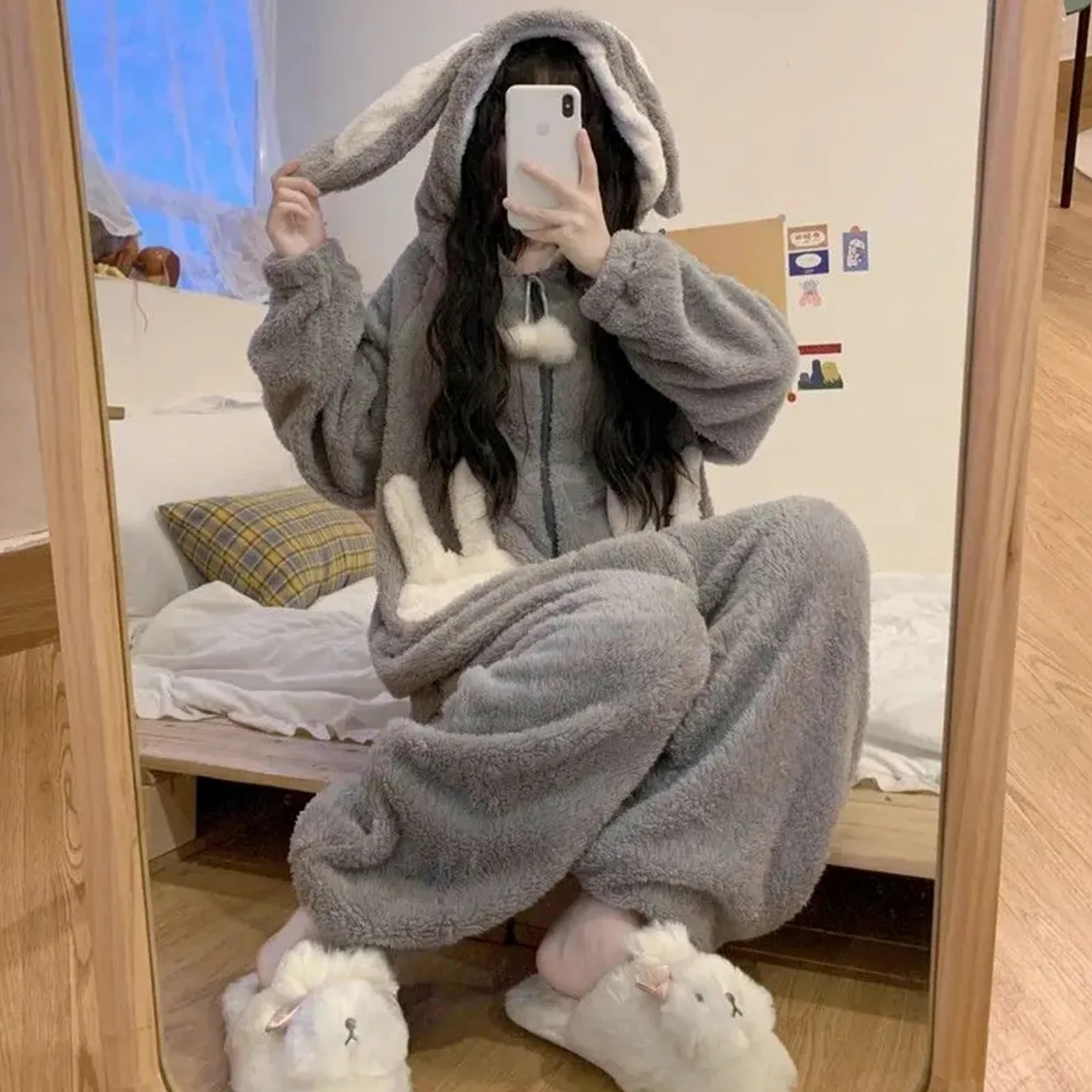 Monos con Capucha de Conejito for Mujer, Lindos Pijamas Kawaii, Ropa de Dormir cálida de Invierno, Ropa de Dormir de Dibujos Animados de Animales, Acogedor con Bolsillos(XL)