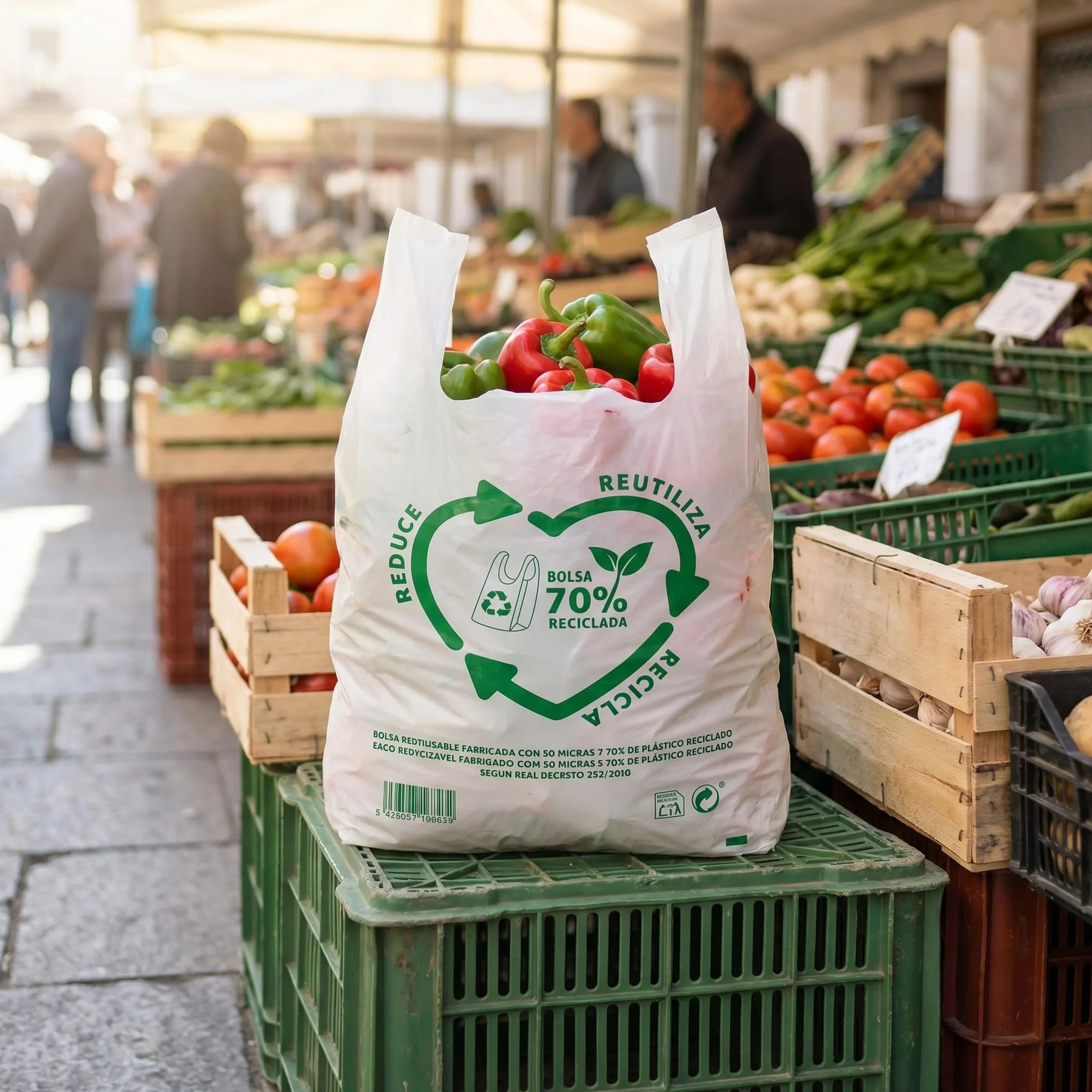 Bolsas de Plástico Asa Camiseta Blanco 50x60 cm 100 Unidades Reutilizables Resistentes 50 Micras 70% Reciclado Aptas Alimentación