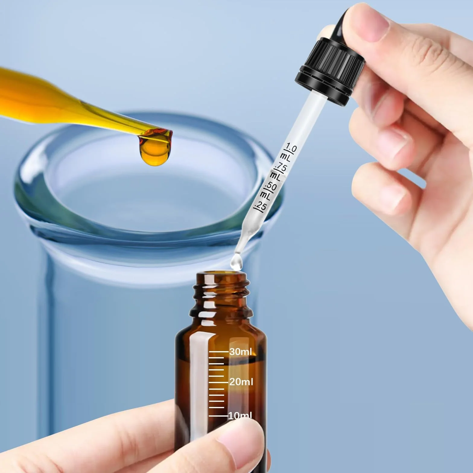 Goteros Cuentagotas 30ml Cristal con Pipetas y Escala para Aceite Esencial, Masaje, Aromaterapia
