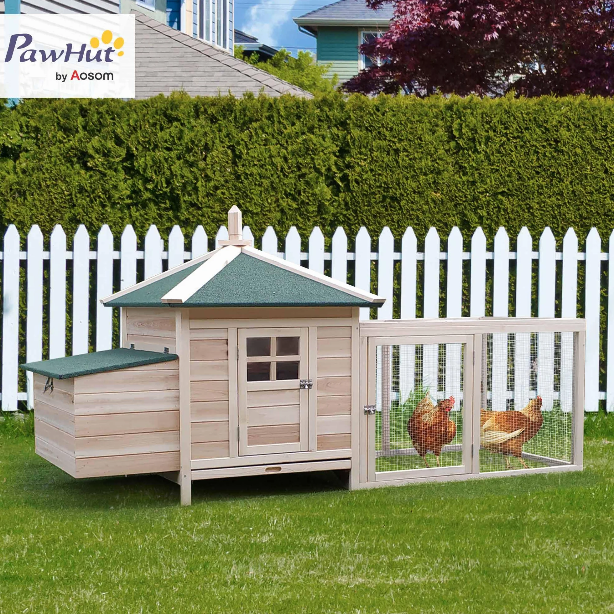 PawHut Gallinero de Madera de Pino para Exterior con Caja Nido 196x76x97 cm