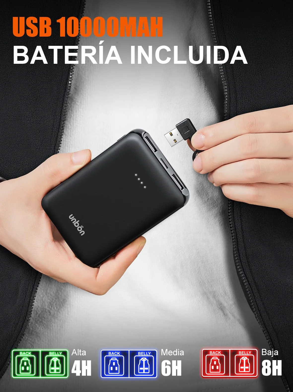 UNBON Chaqueta Calefactable Hombre con Batería USB 10000mAH, Chaqueta con Calefacción Hombre Polar Termica con 3 Temperaturas 6 Zonas de Calor, Abrigo Cazadora Calefactable Para Moto Trabajo Negro S
