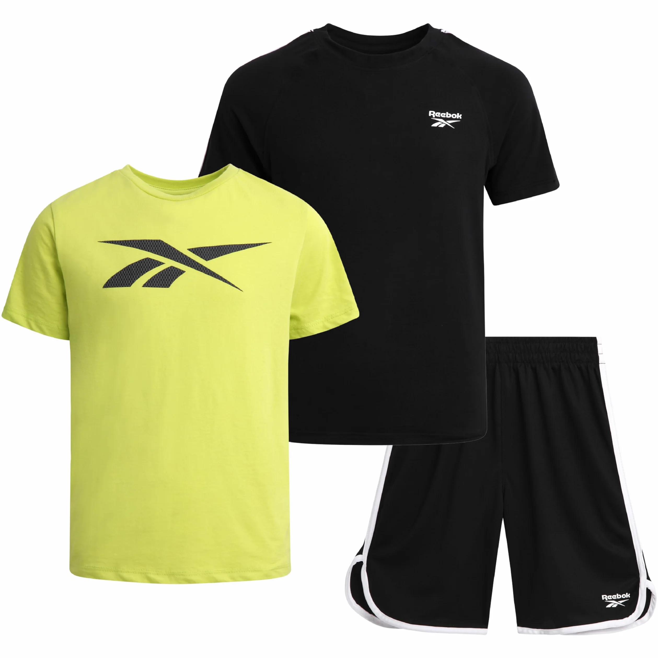 Reebok Conjunto de pantalones cortos deportivos para niños, ropa de verano de 3 piezas con camisetas gráficas y pantalones cortos de baloncesto para niños activos