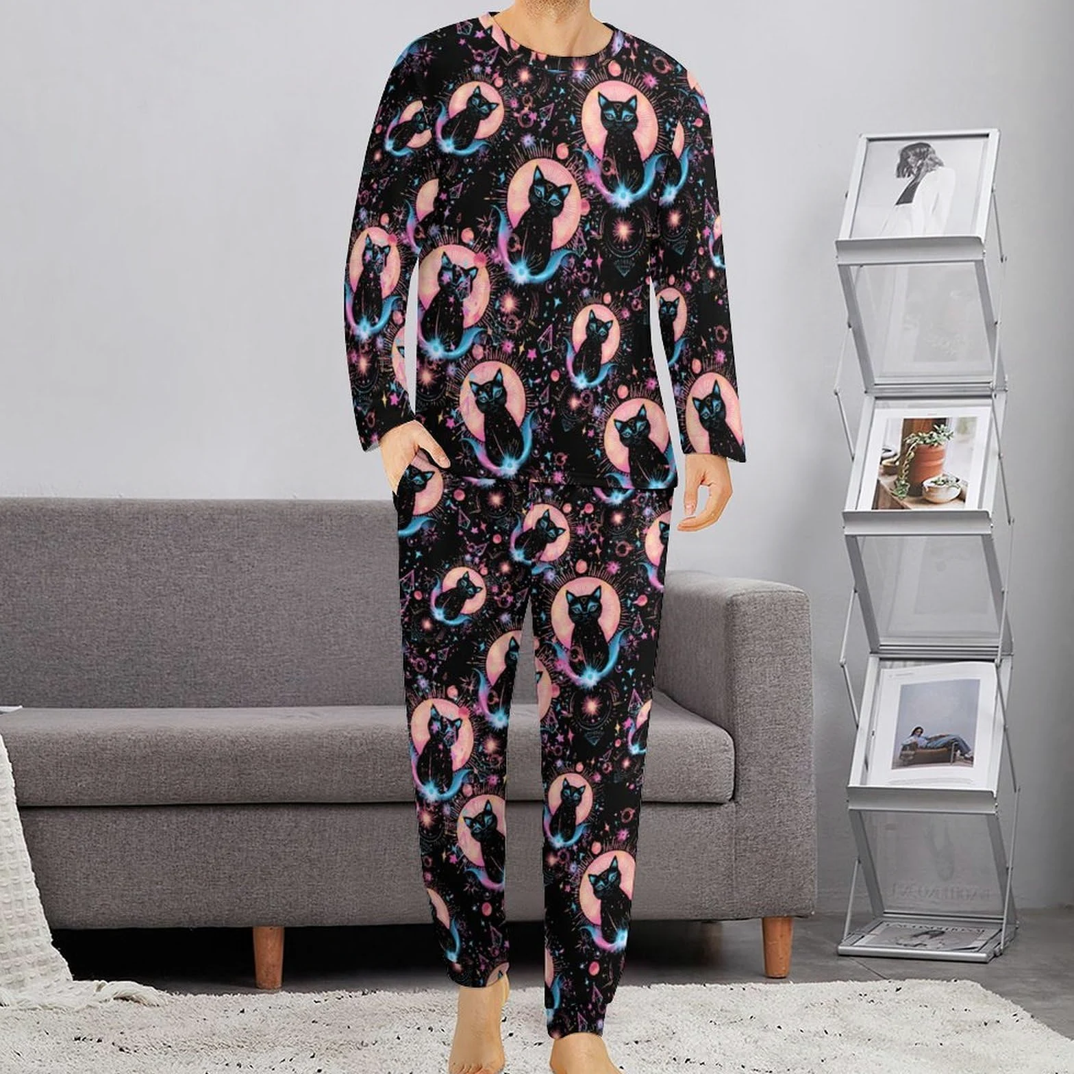 Trans Cat - Conjunto de pijama para hombre, cuello redondo, ropa de dormir larga, 2 piezas
