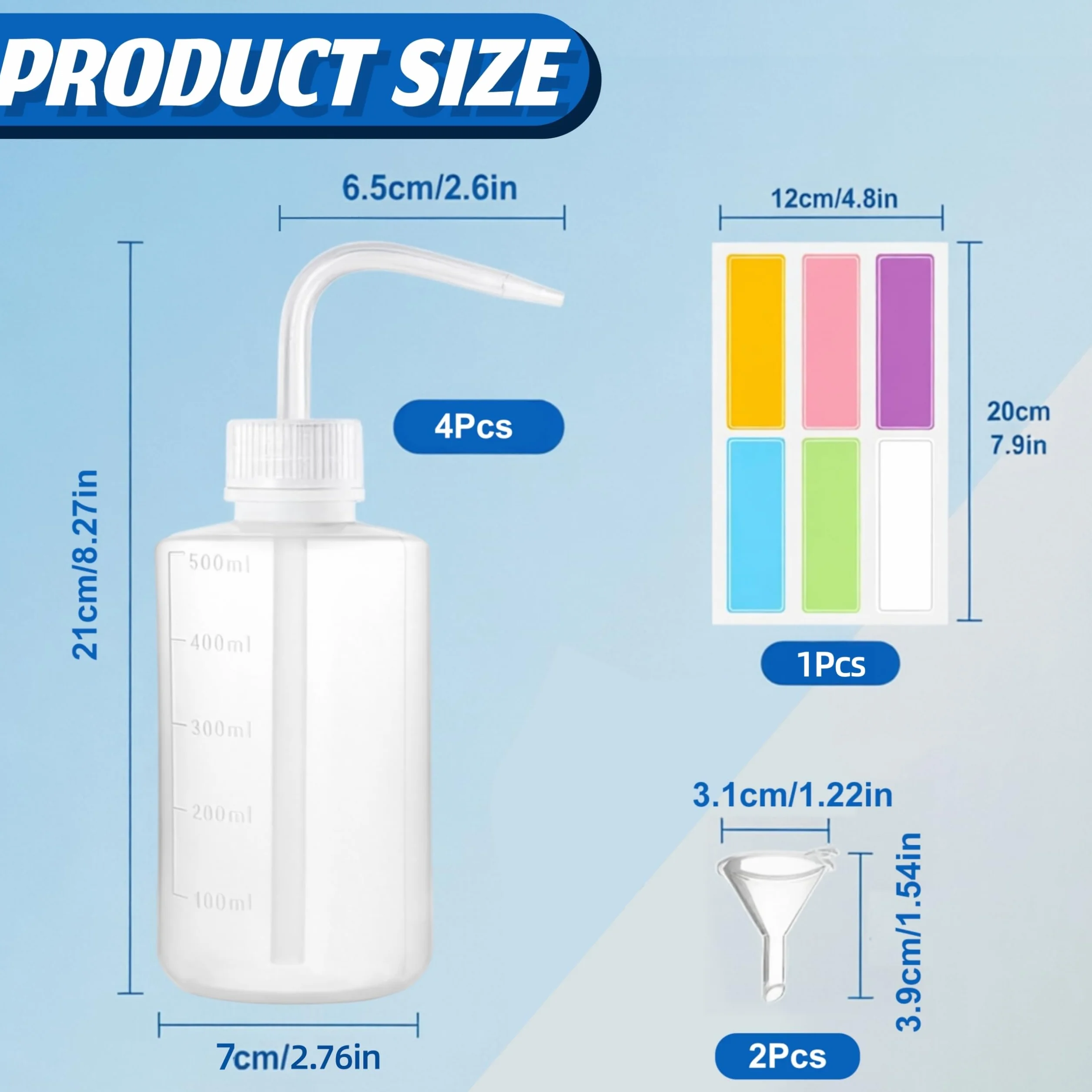 Botellas de Lavado 500 ml, Plástico Transparente, Squeeze Wash Bottle con Embudo para Laboratorio