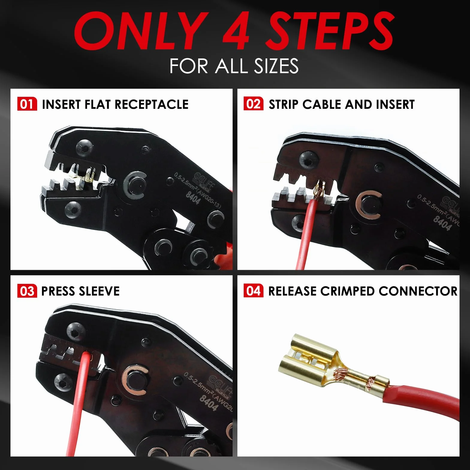 CCLIFE Crimpadora para Terminales Planos Kit 0,5-2,5 mm² AWG 20-13 300 Conectores