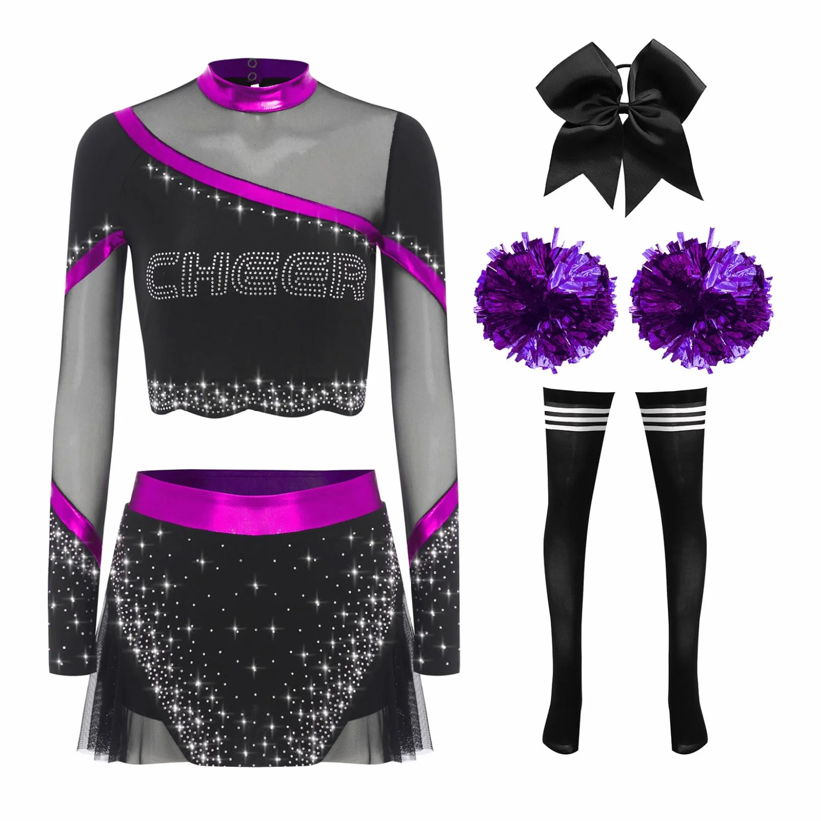 Trajes de porristas para adultos, juego de piezas de diamantes de imitación brillantes, uniforme de animadoras, tubo largo, medias de baile