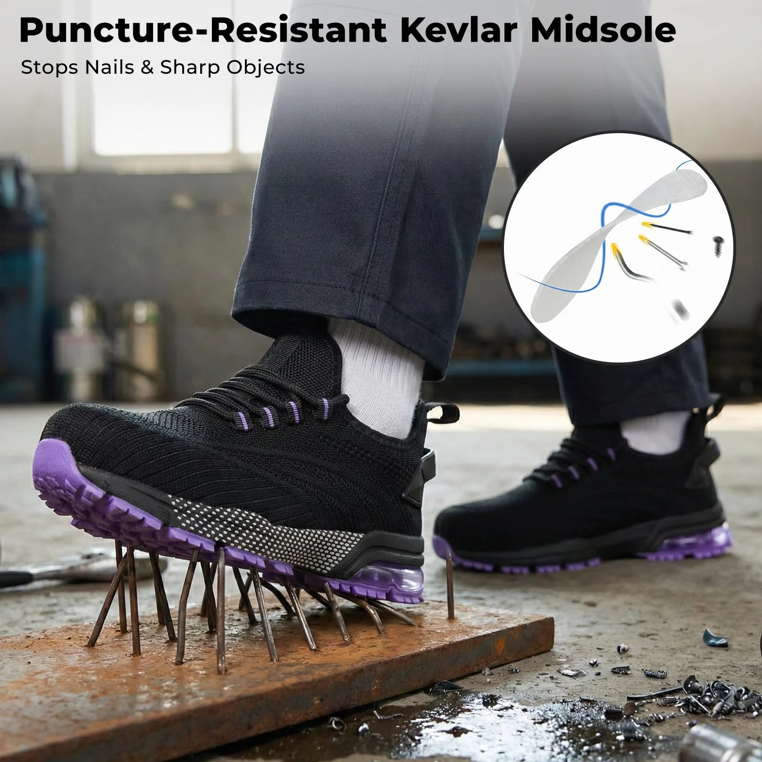 SPIEZ Zapatillas de Seguridad Mujer, Zapatos de Seguridad con Puntera Composite y Amortiguación de Aire, Diseño Ligero para Trabajo, Negro Rosa/Morado, EU 35–41