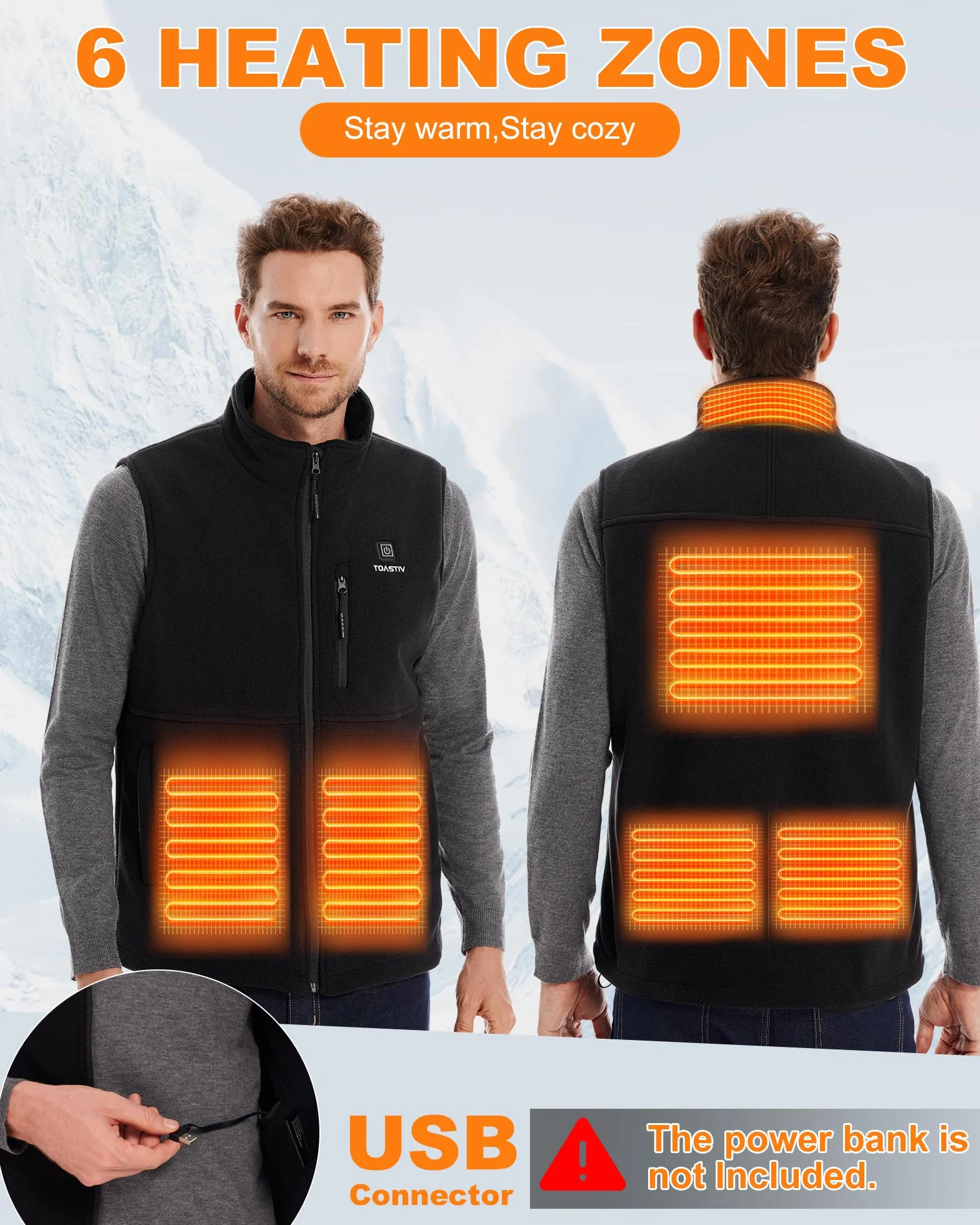 Chaleco Calefactable de Polar para Hombres, Chaleco Calefactable Eléctrico con 3 Temperaturas, 6 Zonas de Calefacción, Chaqueta Calefactable USB, Chaleco para Exteriores (Sin Batería)