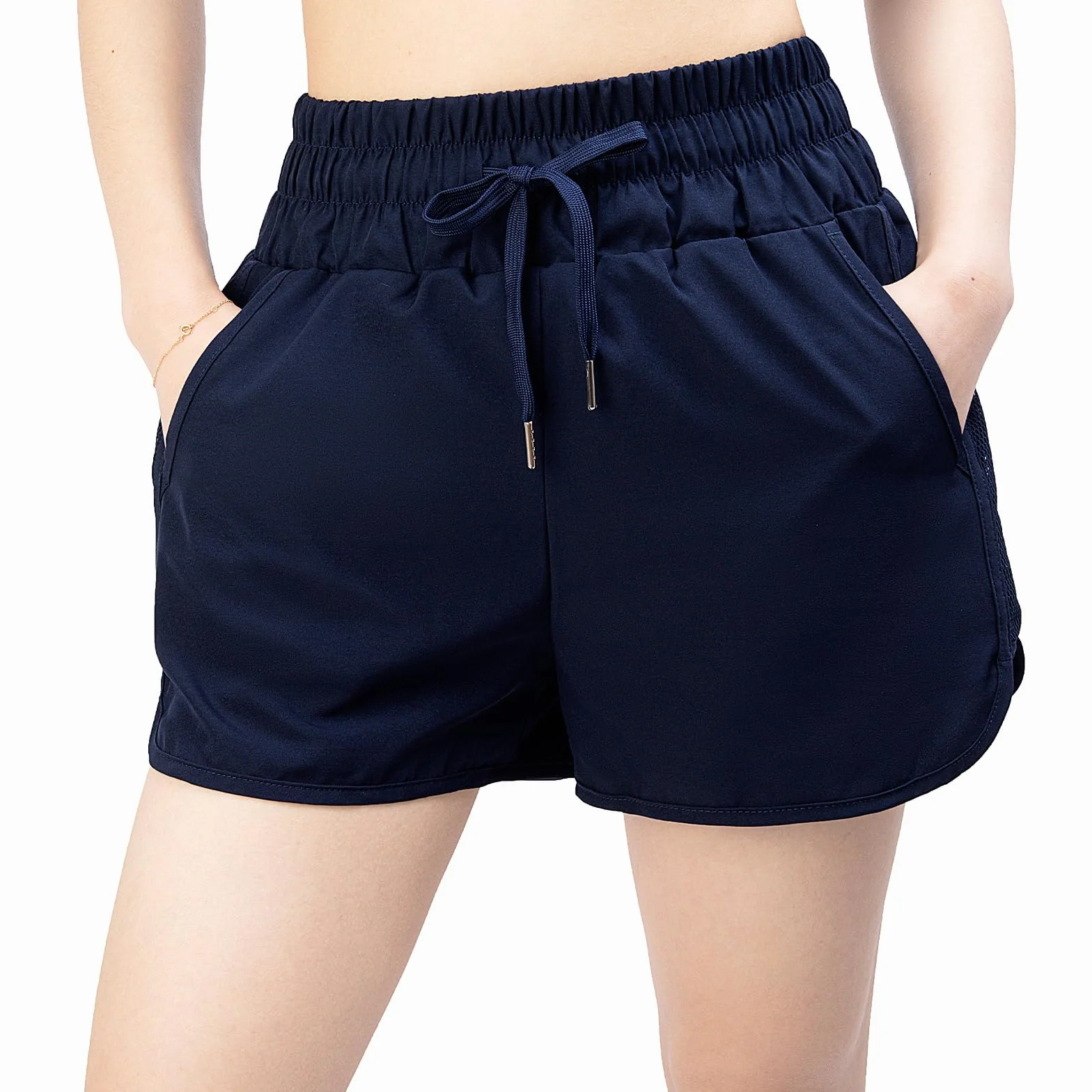 Pantalones cortos de natación para mujer, de cintura alta, de secado rápido, con cordón ajustable, pantalones cortos de surf con parte inferior y bolsillos