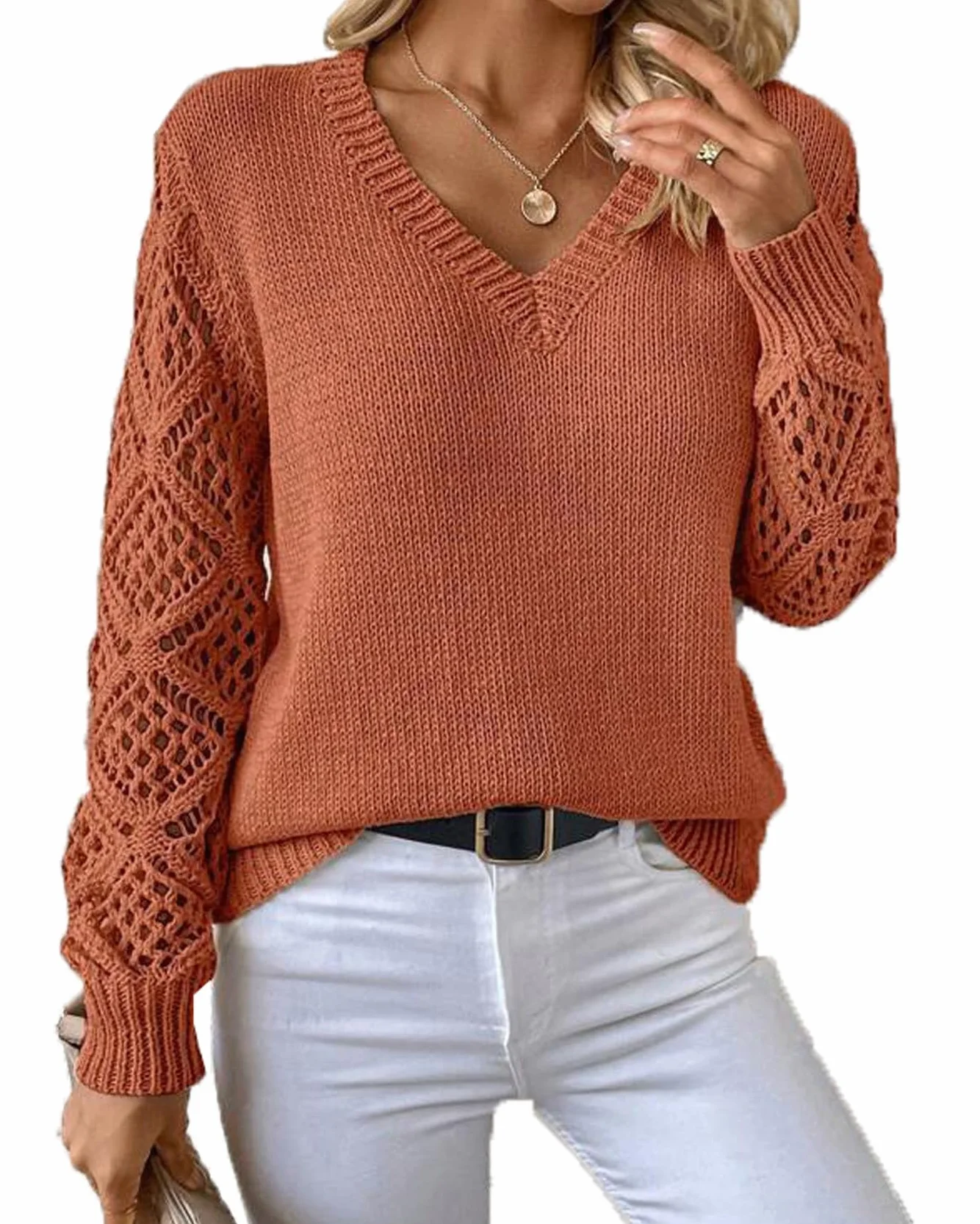 Las Mujeres De Primavera Y OtoñO Hueco De Punto Jumper Pullover De Manga Larga Suelta V-Cuello De Color SóLido Bottoming Tops