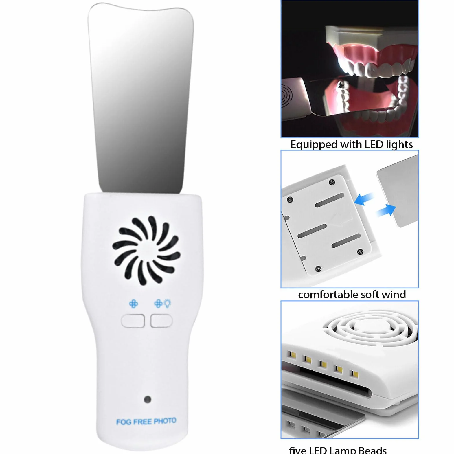 Espejos de fotografía Dental sin Niebla LED con Ventilador de luz, Herramientas dentales