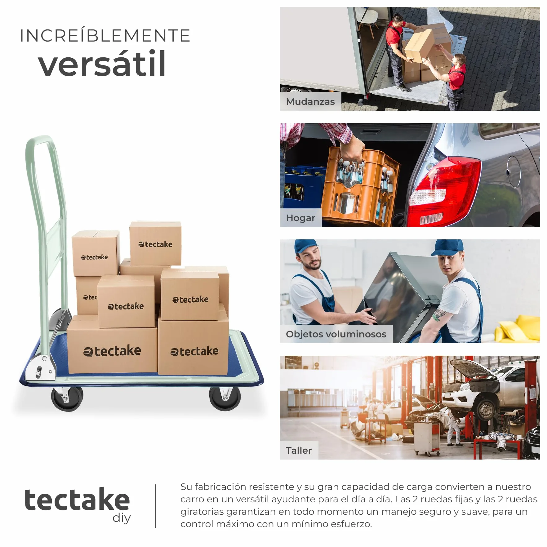 Tectake Carretilla Plegable de Mano 150 Kilos, Carro Transporte con 2 Ruedas Fijas y 2 Giratorias, 73x47x83 cm