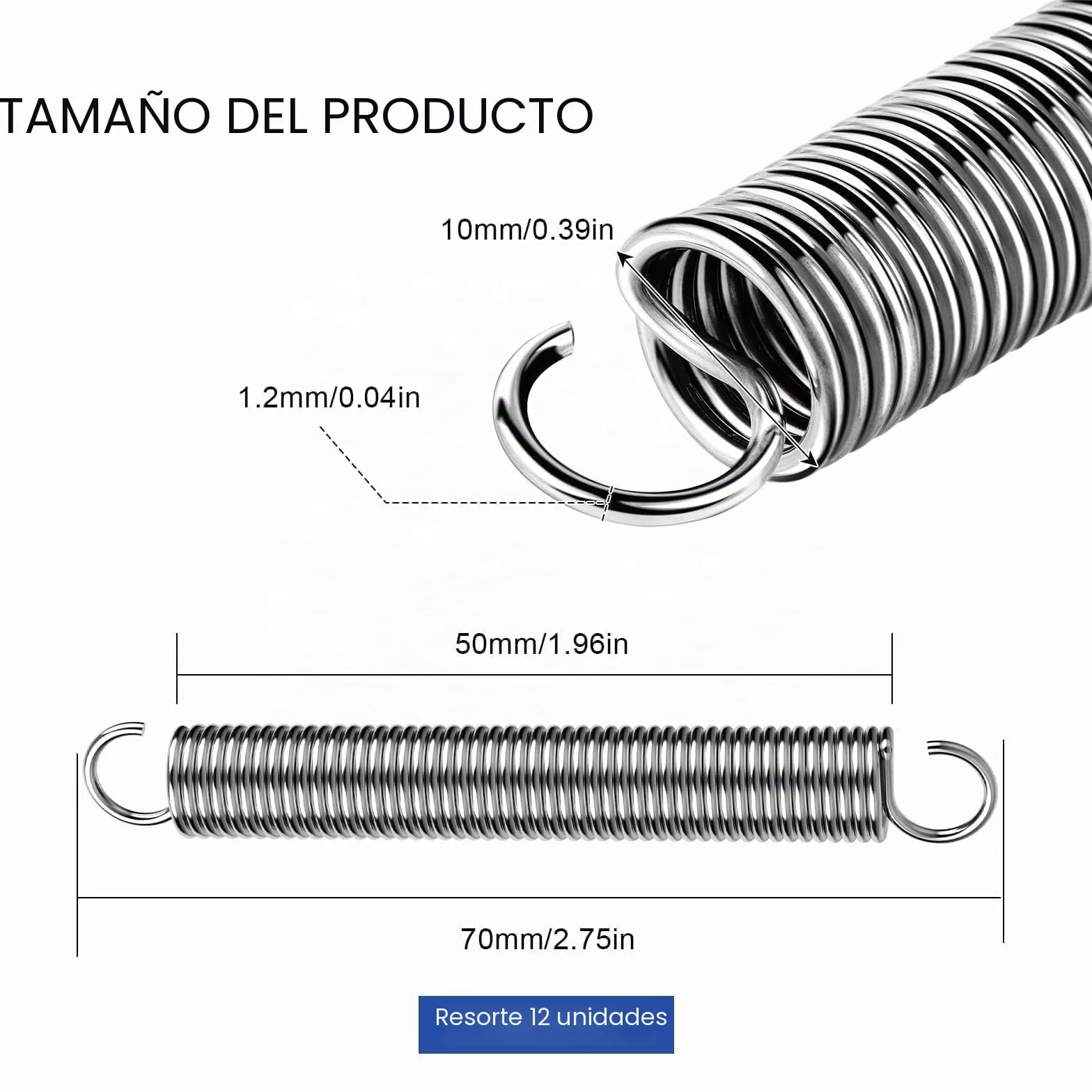 Muelles de Compresion 70x10x1.2mm Acero Inoxidable Doble Gancho 12 Piezas