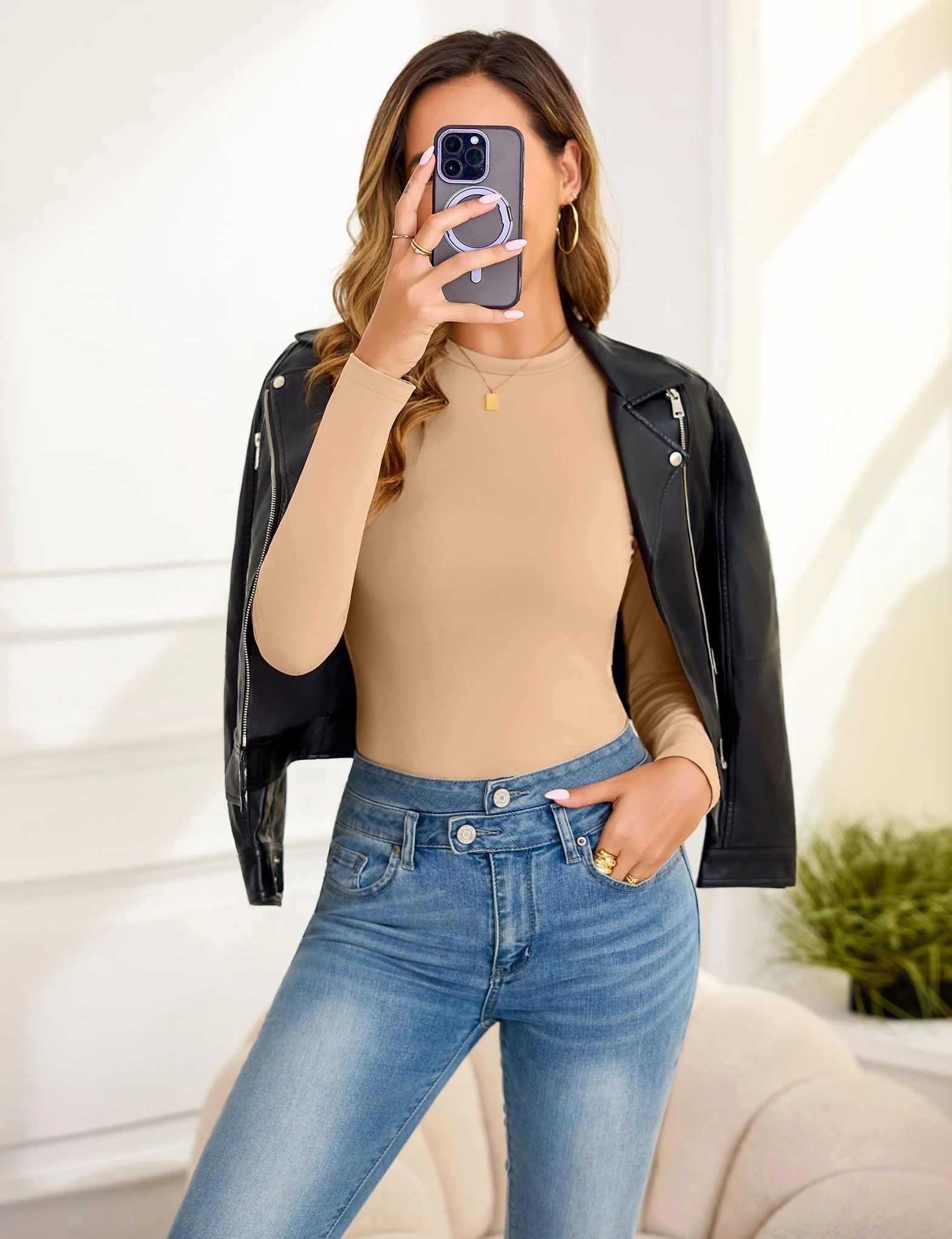 Aottori Camiseta Cuello Redondo Mujer Manga Larga Básica Tops Elástica Ajustada Ligera Ropa Interior Térmica Suave Cálida para Otoño Invierno Primavera