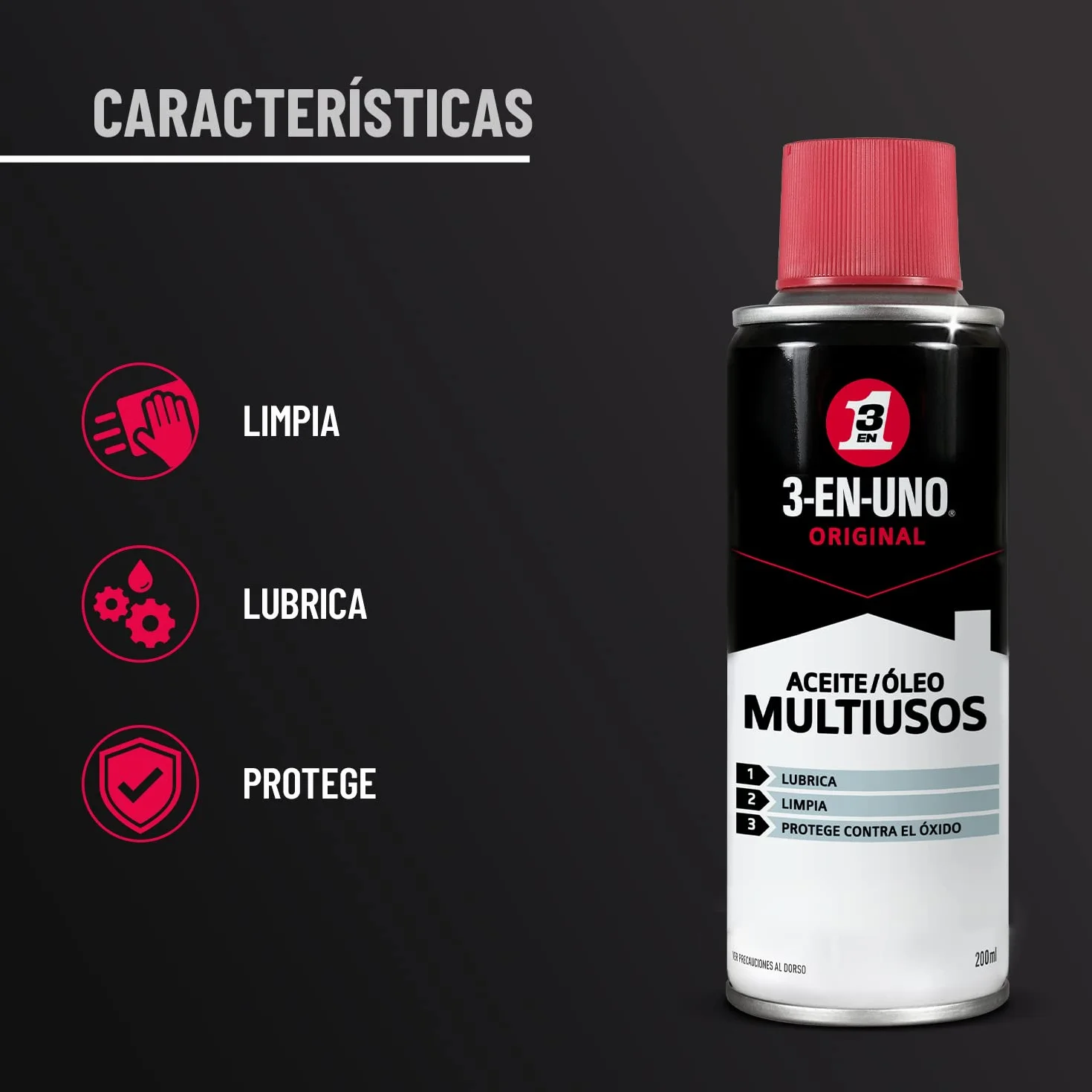 3-IN-ONE Spray Multiusos 200 ml Lubrica Limpia y Protege Contra el Óxido