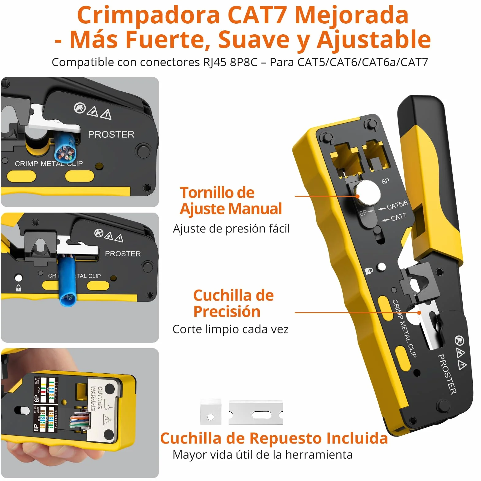 Proster Juego de Crimpadora CAT7 Profesional con Conectores Blindados y Probador Recargable
