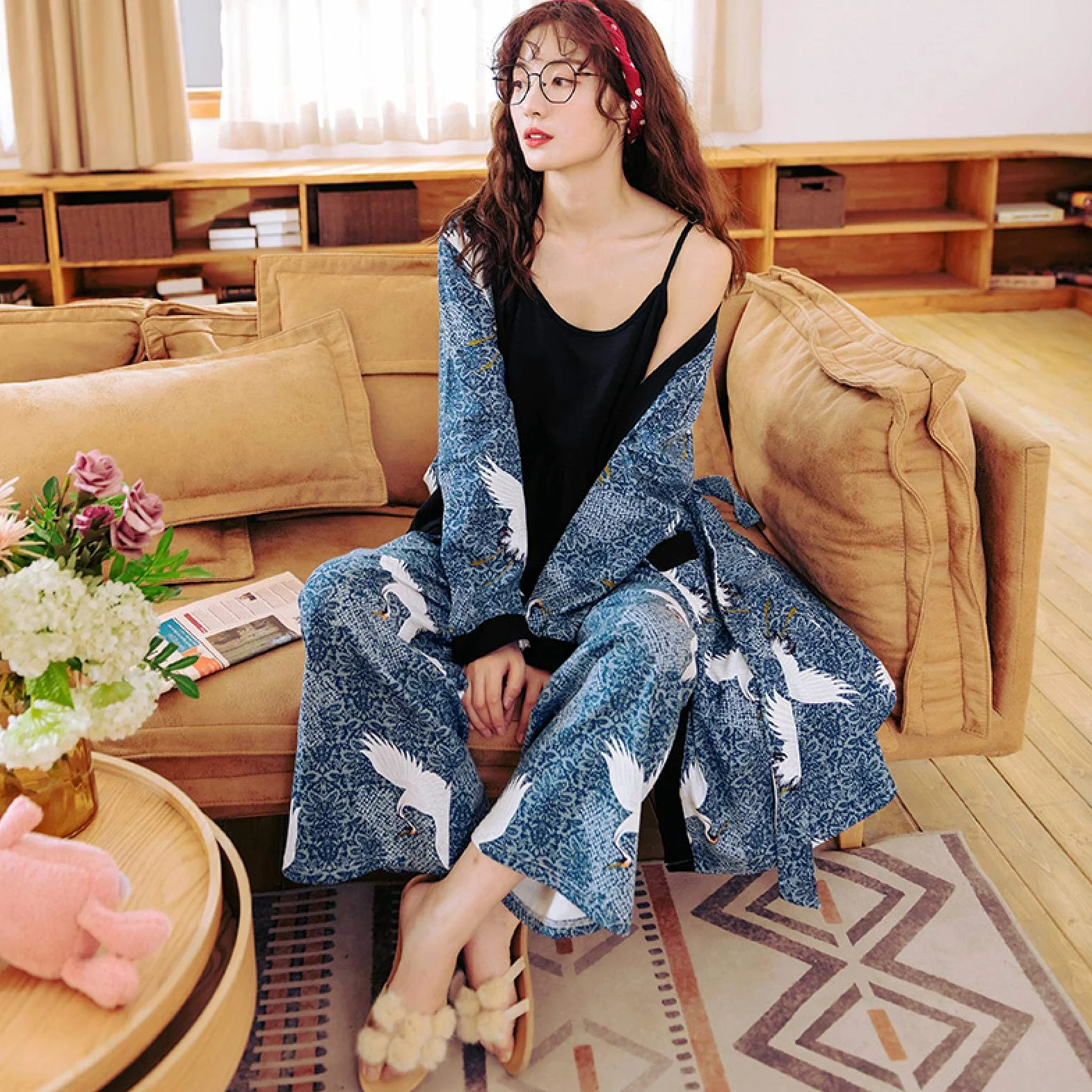 Camisón, Conjuntos de pijama de otoño e invierno para mujer Estilo japonés Kimono Pijama de algodón Mujer Tallas grandes Ropa de descanso para el hogar Batas Ropa de dormir de animales XXXL80-90KG BFY