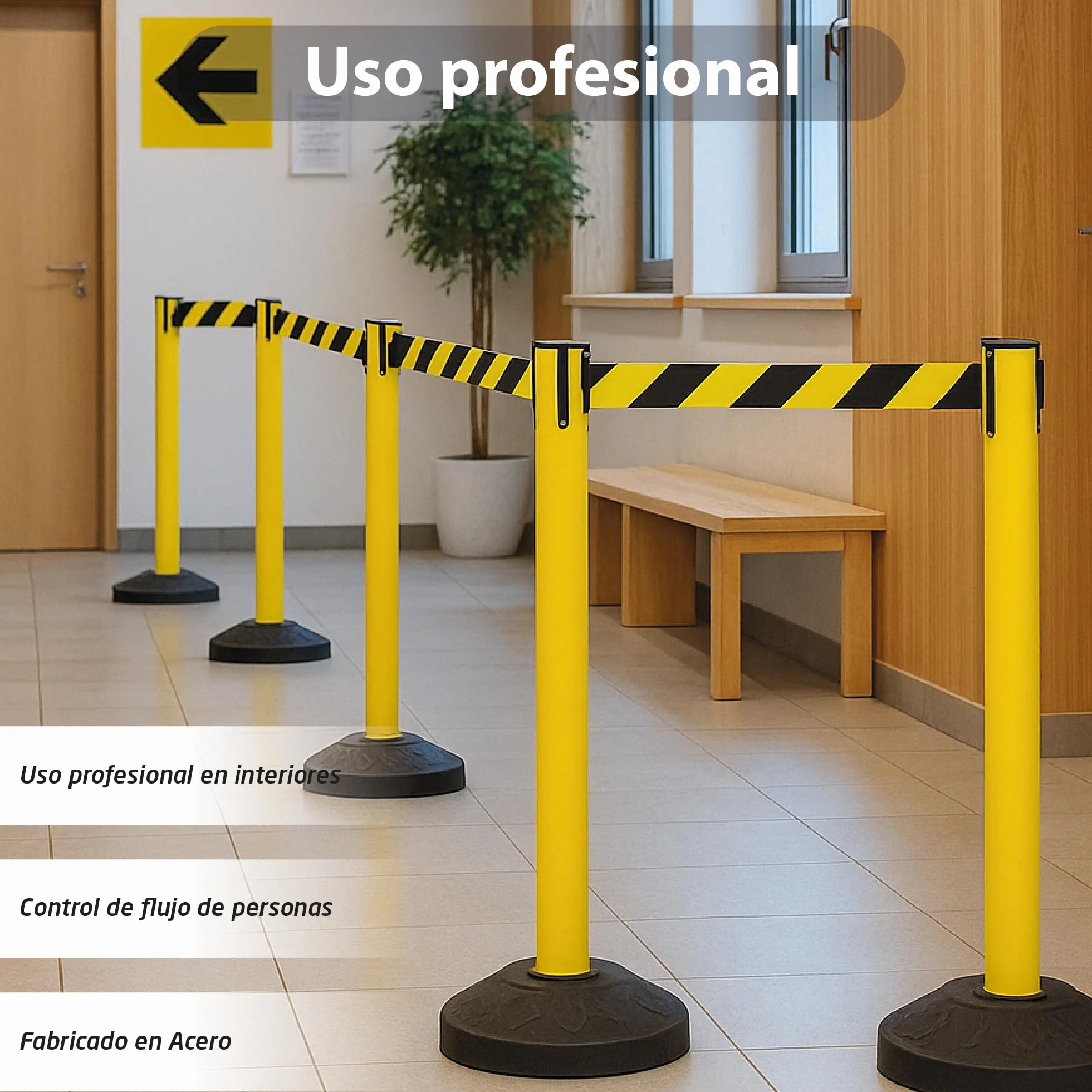 Postes Separadores con Cinta Extensible Amarillo 91cm Acero Resistente 4 Vías de Conexión