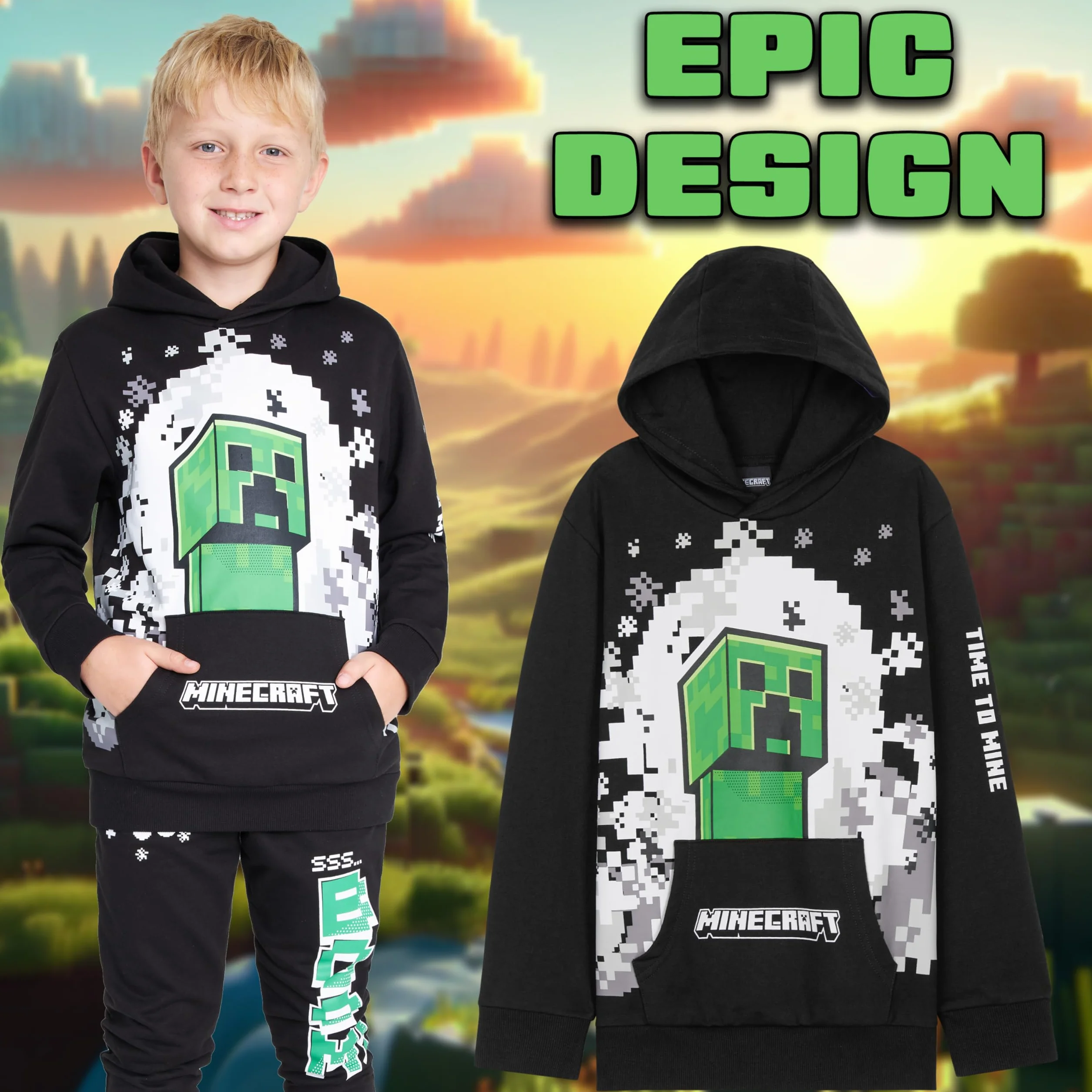Minecraft Conjunto Chándal Niño - Sudadera con Capucha y Pantalones Niños