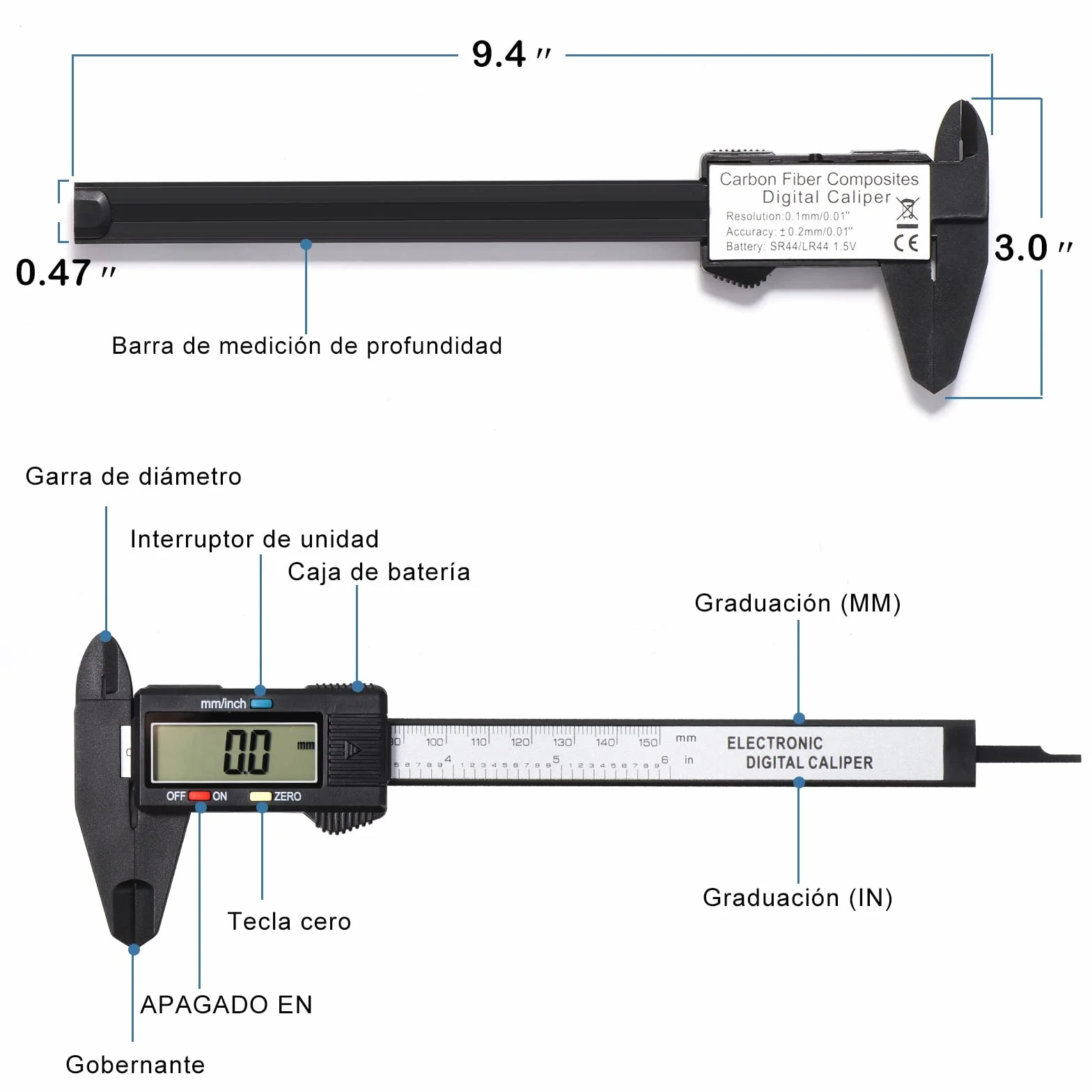 Vinabo Calibre Digital Pie de Rey 150 mm 6 Pulgadas Pantalla LCD Grande Mediciones Externas Internas Profundidad Paso