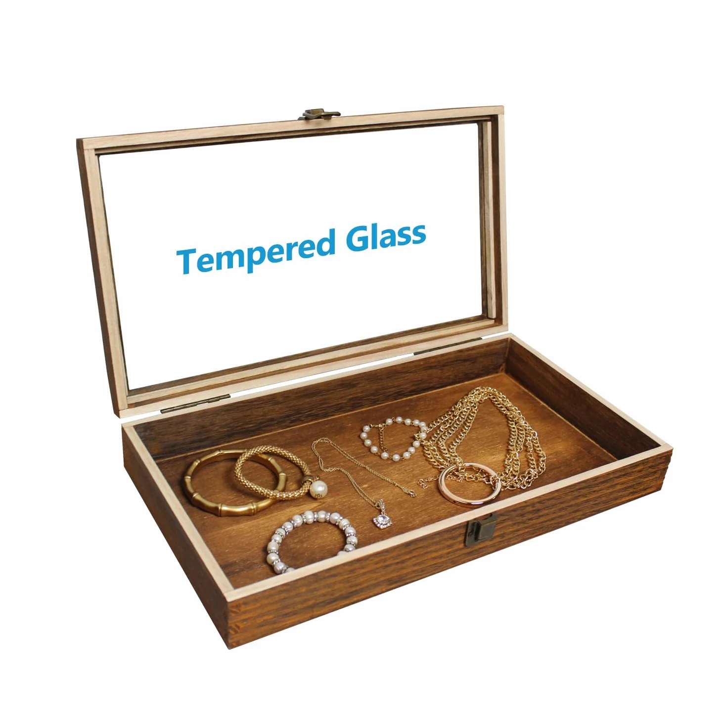 Mooca - Caja de exhibición de joyería de Madera Lavada con Tapa Superior de Vidrio Templado, 15 Pulgadas x 8.5 Pulgadas x 2 7/8 Pulgadas de Alto