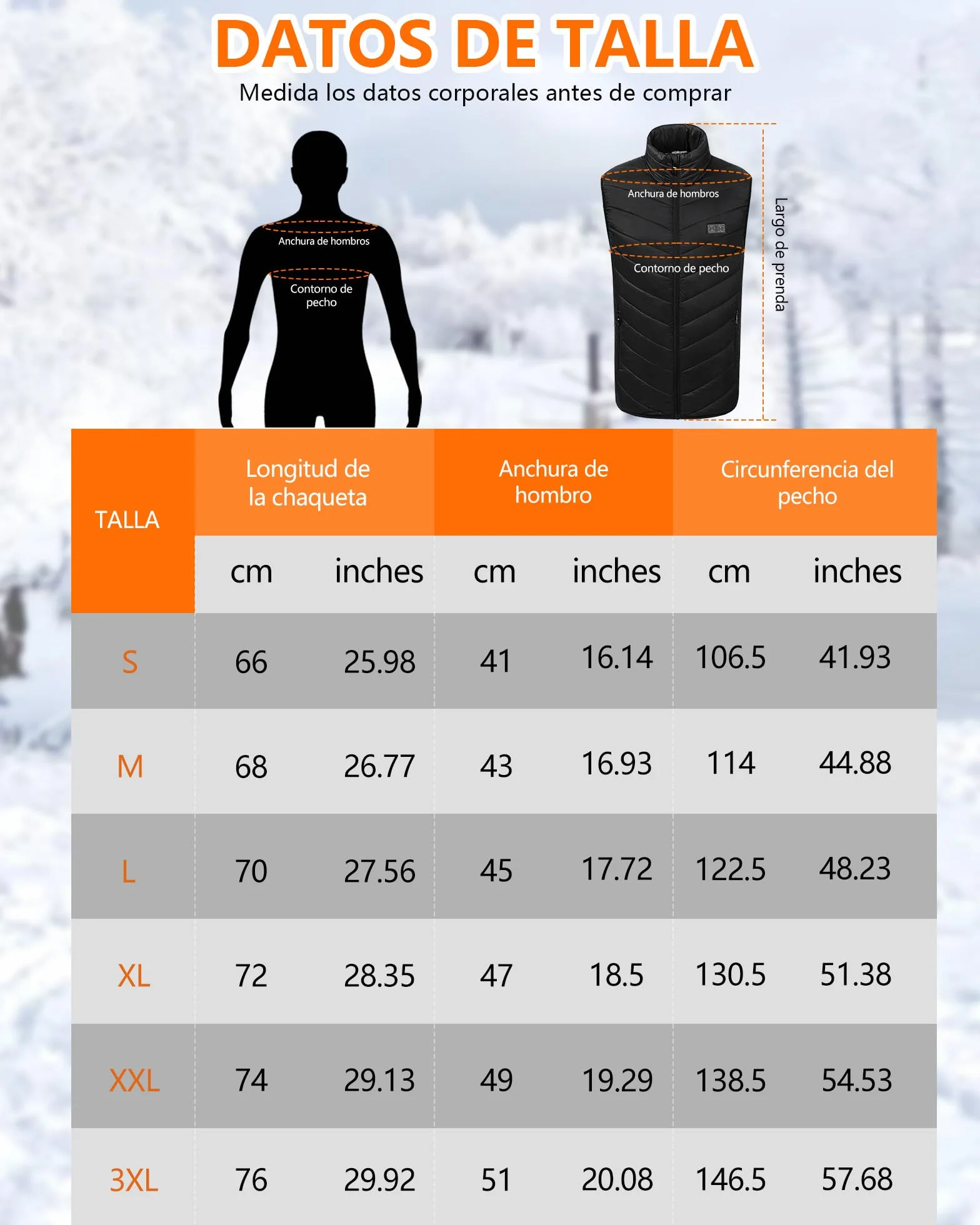 Chaleco Calefactable Hombre con Batería De 10000 mAh, 3 Temperaturas, 5 Zonas de Calentamiento, Chaqueta Calefactable con Carga USB, para Esquí, Motociclismo, Senderismo y Pesca