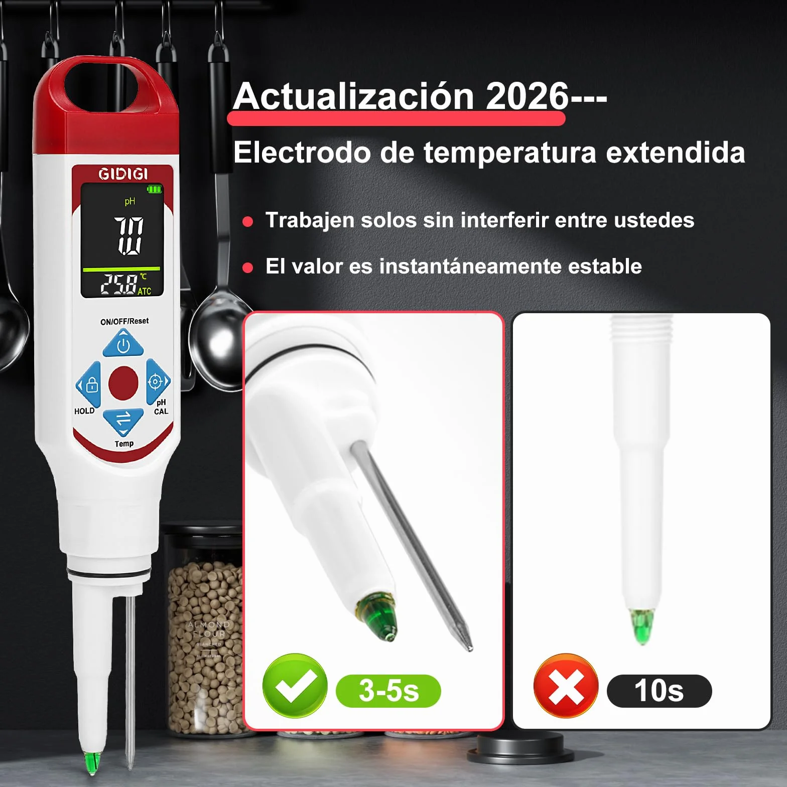 Phmetro Alimentos Medidor pH Digital con Sonda Punta de Lanza para Masa Madre Fermentación Salsas Calientes Vino