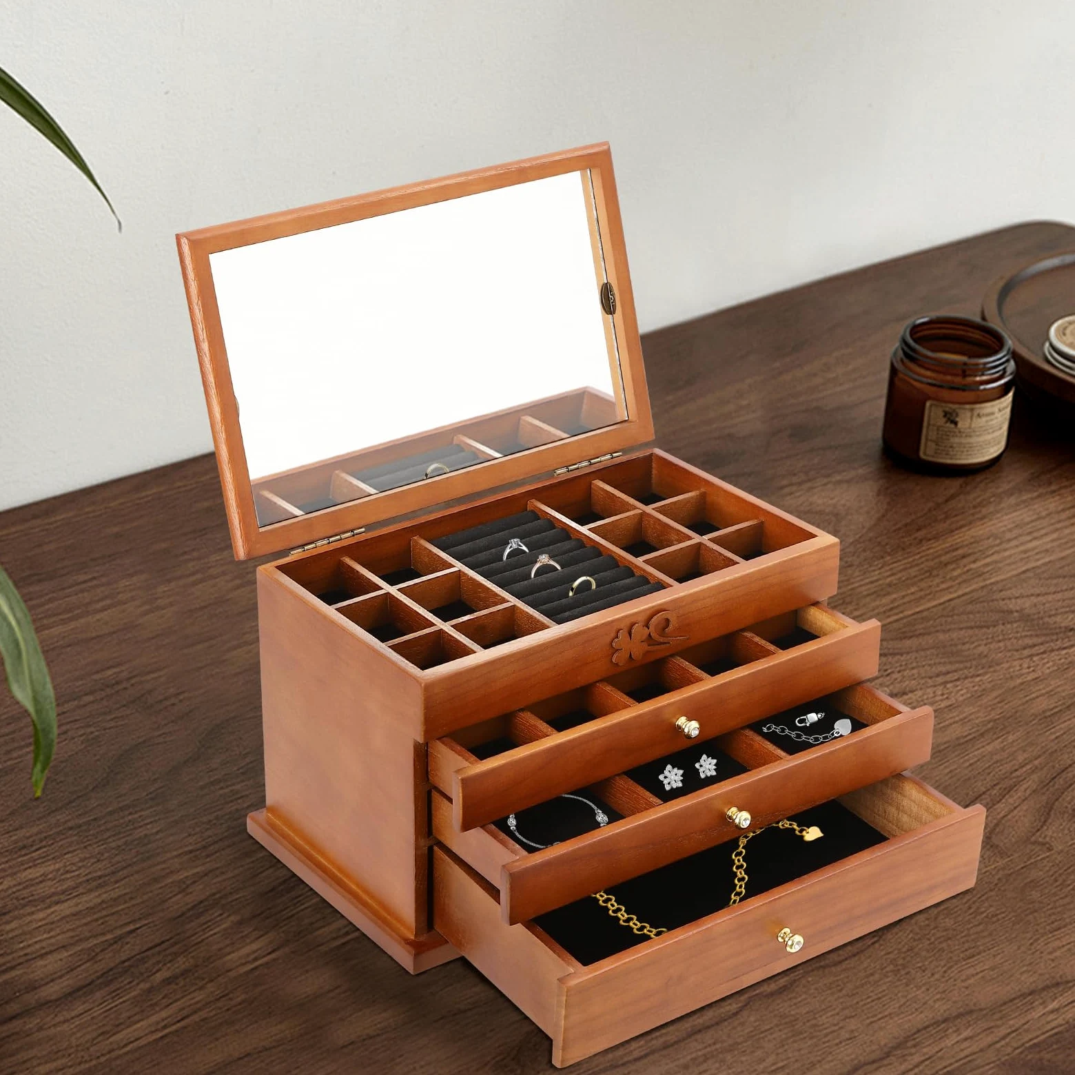 Joyero de 4 Niveles, Organizador de Madera para Joyas para Mujeres, joyero de Madera con Cerradura y Espejo, cajones extraíbles para Joyas, Relojes, Collares, Anillos, Caja de Almacenamiento